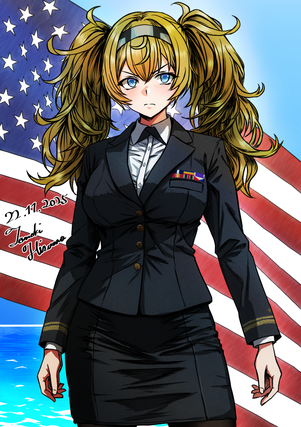 hisama tomoki, gambier bay (kancolle), kantai collection, united states navy, commentary request, highres, 1girl, alternate costume, american flag, american flag background, artist name, black jacket, black skirt, blonde hair, blue eyes, blue sky, breasts, collared shirt, cowboy shot, dated, frown, hair between eyes, hairband, high side ponytail, jacket, large breasts, long hair, long sleeves, looking at viewer, military dress uniform, military rank insignia, military uniform, multicolored hairband, naval dress uniform, naval uniform, one-hour drawing challenge, pantyhose, purple heart (medal), ribbon bar, shirt, skirt, sky, solo, twintails, white shirt