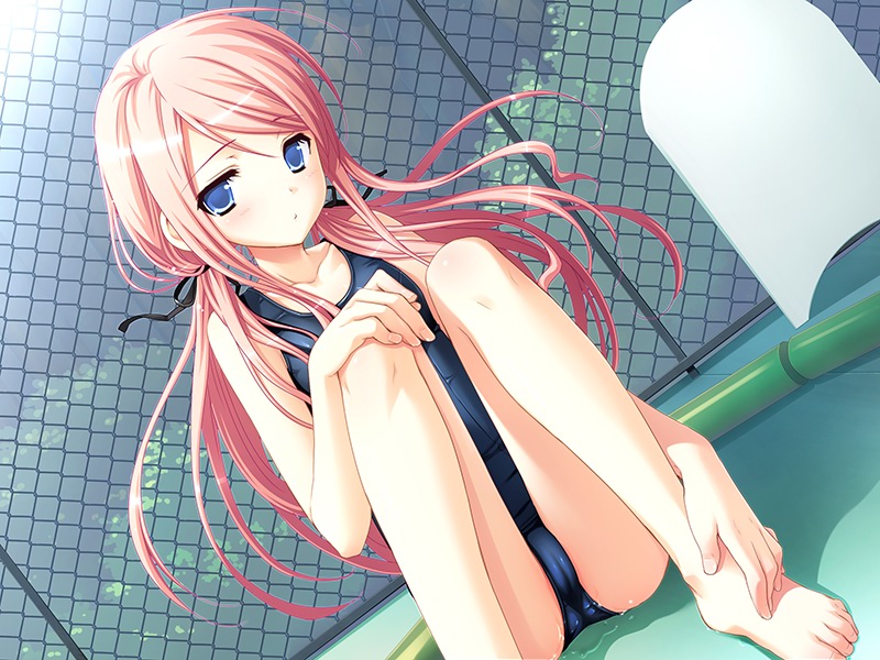 sakura nanako, haikuo-soft, sakura sakura, 1girl, barefoot, blue eyes, blush, cameltoe, chain-link fence, dutch angle, feet, female focus, fence, kickboard, long hair, looking at viewer, one-piece swimsuit, pink hair, pool, sitting, solo, sun, swimsuit, twintails
