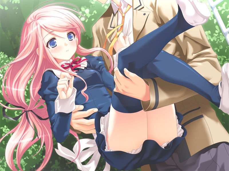 sakura nanako, haikuo-soft, sakura sakura, 1girl, blue eyes, blush, carrying, long hair, pink hair, princess carry, shoes, skirt, solo focus, thighhighs