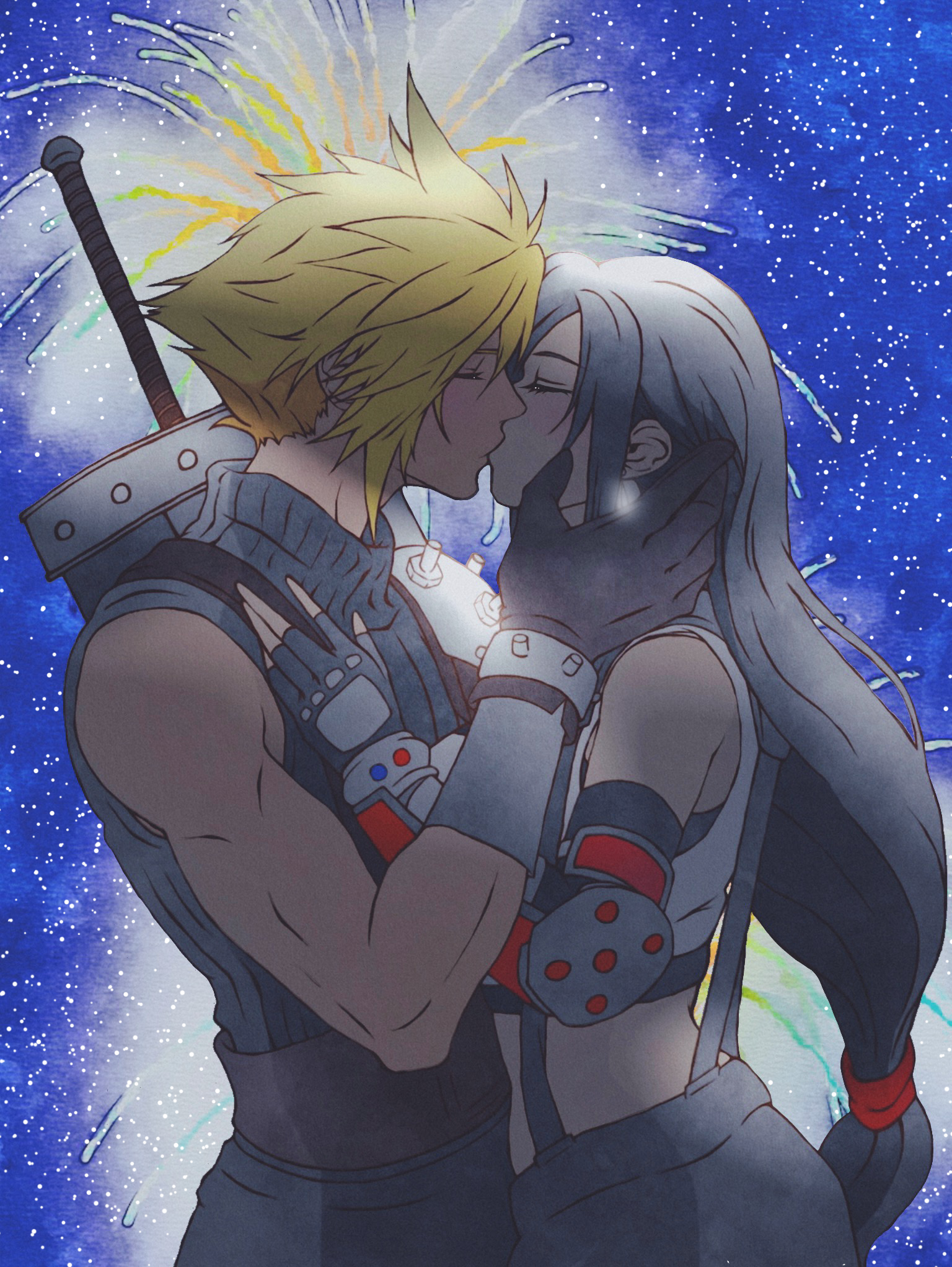 11hana06, cloud strife, tifa lockhart, final fantasy, final fantasy vii, final fantasy vii rebirth, final fantasy vii remake, commentary request, highres, traditional media, 1boy, 1girl, aerial fireworks, armor, bare shoulders, black gloves, black hair, black skirt, blonde hair, blue sweater, breasts, buster sword, closed eyes, couple, crop top, earrings, elbow gloves, elbow pads, fingerless gloves, fireworks, from side, glint, gloves, hand on another's cheek, hand on another's chest, hand on another's face, hetero, jewelry, kiss, large breasts, long hair, low-tied long hair, midriff, night, night sky, profile, ribbed sweater, short hair, shoulder armor, single earring, single elbow pad, skirt, sky, sleeveless, sleeveless turtleneck, spiked hair, star (sky), starry sky, suspender skirt, suspenders, sweater, sword, sword on back, tank top, turtleneck, turtleneck sweater, upper body, weapon, weapon on back, white tank top