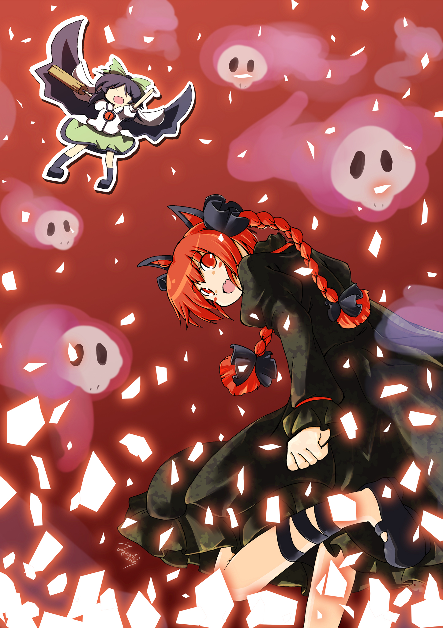 togashi yuu, kaenbyou rin, reiuji utsuho, touhou, highres, 2girls, animal ears, black hair, black wings, braid, cat ears, cat girl, dress, female focus, gradient background, hair ribbon, multiple girls, red eyes, red hair, ribbon, short hair, skirt, twin braids, twintails, wings