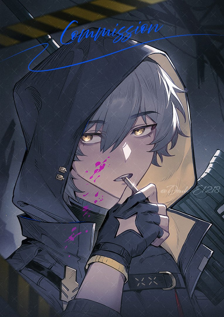 mealove1218, caelus (honkai: star rail), trailblazer (honkai: star rail), honkai: star rail, honkai (series), commission, 1boy, alternate costume, artist name, belt, black belt, black gloves, black jacket, black shirt, cigarette, clenched hand, clothing cutout, covered collarbone, empty eyes, fingerless gloves, glove cutout, gloves, grey background, grey hair, hair between eyes, hand up, holding, holding cigarette, hood, hooded jacket, jacket, long sleeves, looking at viewer, male focus, open clothes, open jacket, open mouth, puffy long sleeves, puffy sleeves, shirt, short hair, simple background, solo, sparkle, tassel, teeth, two-sided fabric, two-sided jacket, upper body, watermark, yellow eyes, yellow jacket