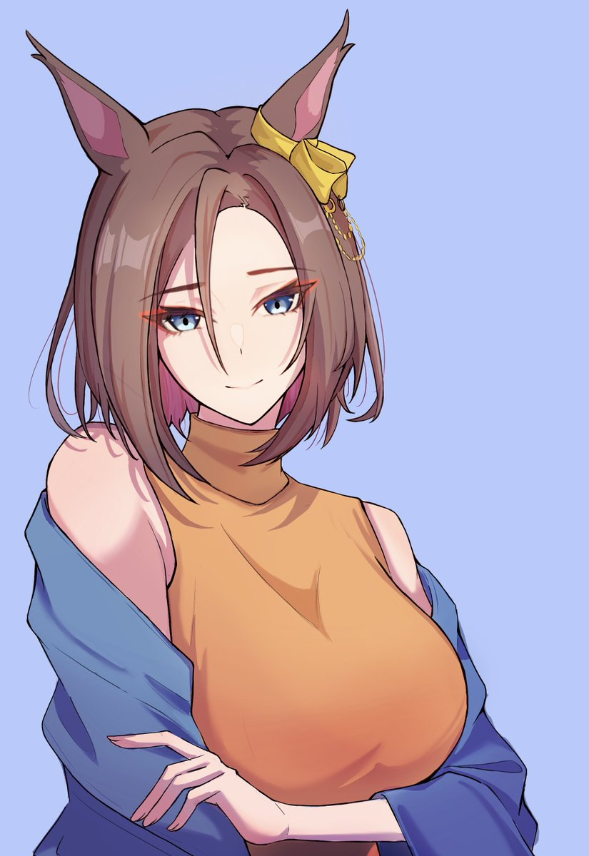 air groove (umamusume), umamusume, highres, 1girl, animal ears, blue background, bow, ear bow, ear chain, ear ornament, horse ears, horse girl, linked piercing, mature female, piercing, shoutz wa, simple background, smile, solo, upper body