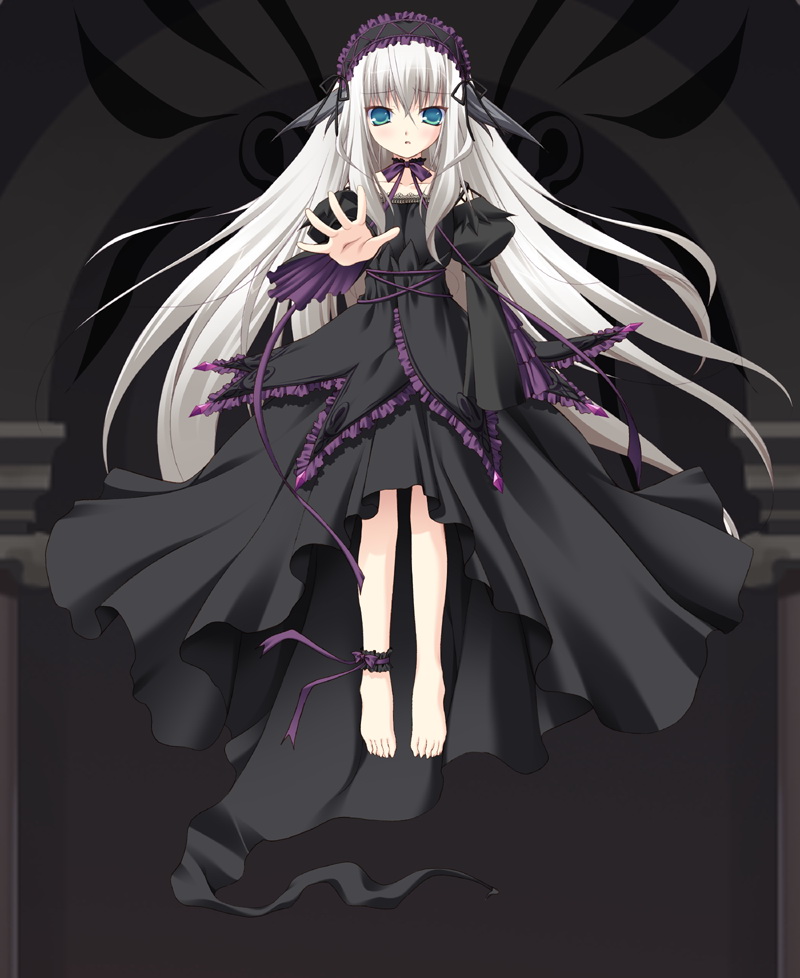 chikotam, lisette vertorre, 11eyes, 3days, raswell (company), silver hair, game cg, 00s, 1girl, ankle garter, barefoot, black theme, dress, female focus, full body, gothic lolita, gown, high-low dress, high-low skirt, lolita fashion, open hand, reaching, reaching towards viewer, solo