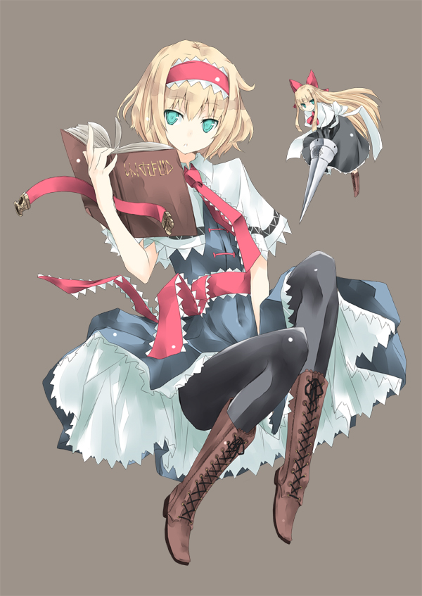 nabeshima tetsuhiro, alice margatroid, shanghai doll, touhou, 2girls, aqua eyes, blonde hair, book, boots, doll, female focus, grimoire, grimoire of alice, hairband, knee boots, lace-up boots, lance, long hair, multiple girls, open book, pantyhose, polearm, short hair, simple background, weapon