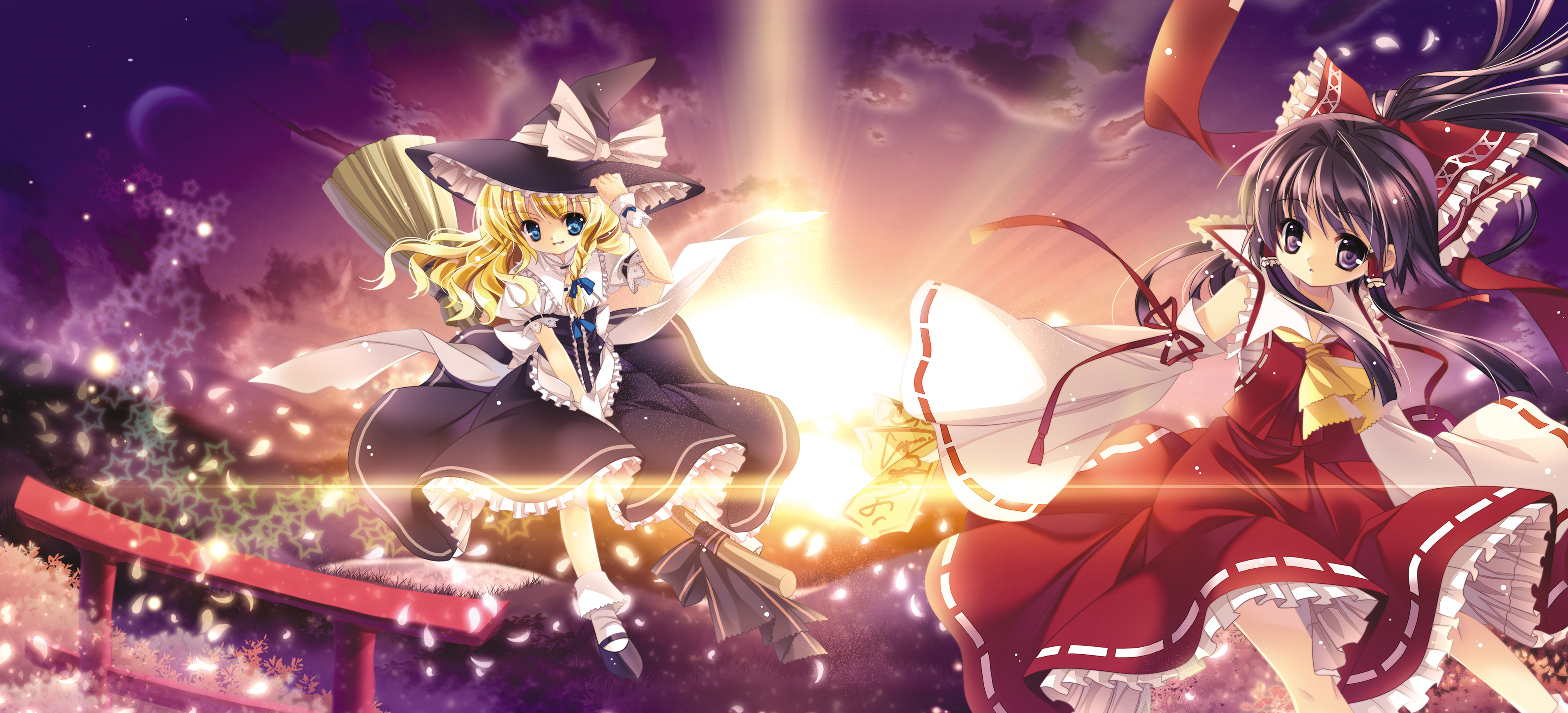 capura lin, hakurei reimu, kirisame marisa, touhou, absurdres, highres, 2girls, blonde hair, blue eyes, bow, braid, broom, broom riding, brown hair, detached sleeves, female focus, hair bow, hat, japanese clothes, miko, multiple girls, purple eyes, short hair, sunset, torii, witch, witch hat