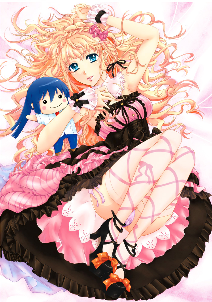 satou (satottoro), saotome alto, sheryl nome, comiket 85, macross, macross frontier, commentary request, 1girl, arm up, black dress, black ribbon, black shoes, blonde hair, blue eyes, blue hair, braid, breasts, character doll, crown braid, doll, dress, frilled dress, frilled wrist cuffs, frills, full body, hair ribbon, high heels, holding, holding doll, knees up, lolita fashion, long hair, looking at viewer, lying, medium breasts, on back, panties, pantyshot, parted lips, pink dress, pink lips, pink panties, ribbon, shoes, side-tie panties, solo, thighhighs, two-tone dress, underwear, wrist cuffs