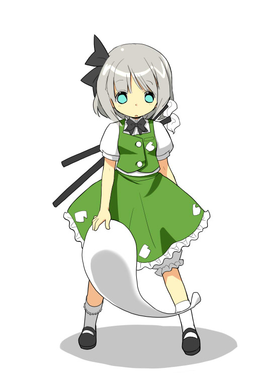 shiroboshi raito, konpaku youmu, konpaku youmu (ghost), touhou, silver hair, 1girl, blue eyes, empty eyes, female focus, ghost, hairband, hitodama, katana, sheath, sheathed, short hair, simple background, solo, sword, weapon