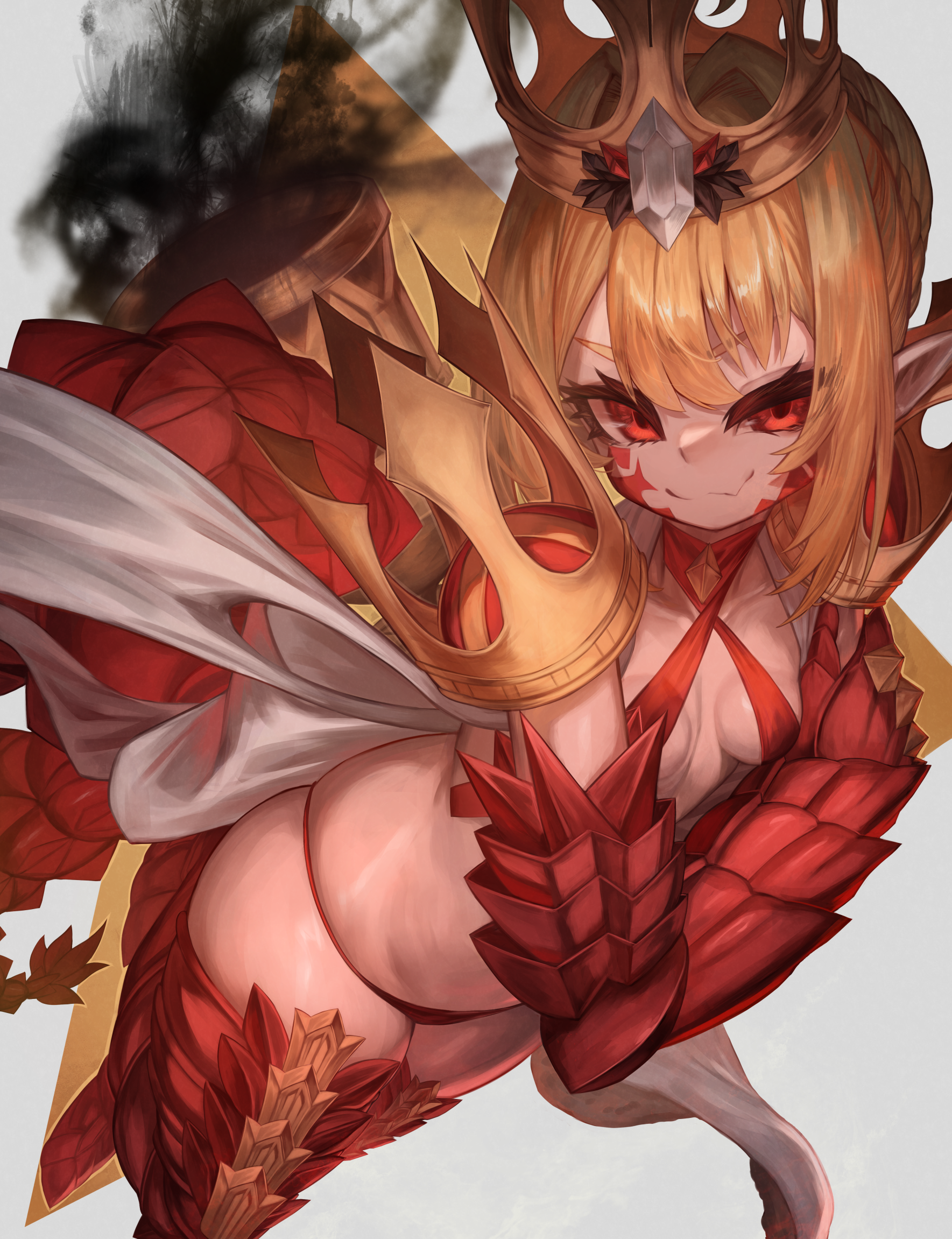 m0 chi, nero claudius (fate), queen draco (fate), queen draco (second ascension) (fate), fate/grand order, fate (series), highres, 1girl, bare shoulders, bikini, blonde hair, breasts, criss-cross halter, crown, dragon tail, dress, facial mark, halterneck, looking at viewer, red bikini, red eyes, small breasts, smile, solo, swimsuit, tail