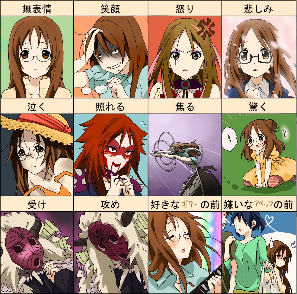 keino (midorinoko), yamanaka sawako, k-on!, translated, 00s, 1girl, brown hair, glasses, long hair, mask, multiple expressions