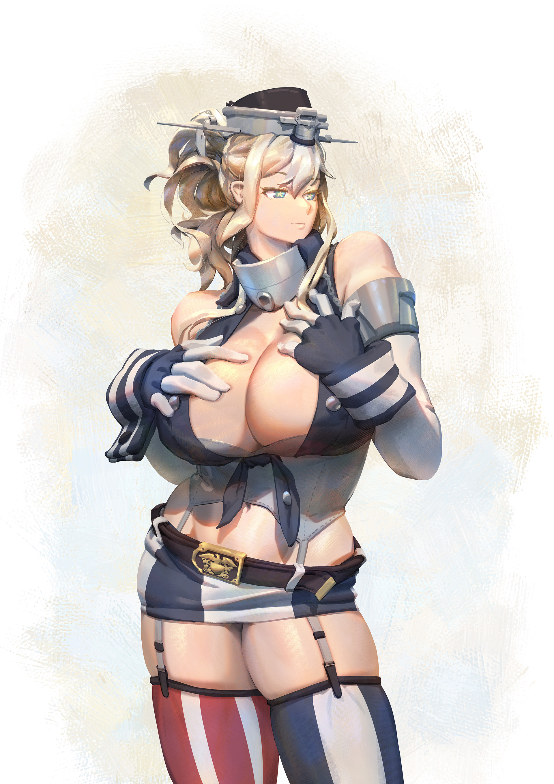 ye fan, uss missouri (bb-63) (personification), kantai collection, original, absurdres, highres, 1girl, american flag legwear, asymmetrical legwear, blonde hair, blue eyes, blue shirt, breasts, cleavage, corset, elbow gloves, fingerless gloves, front-tie top, garter straps, gloves, grey corset, hands on own chest, headgear, large breasts, looking to the side, mismatched legwear, navel, ponytail, shirt, sidelocks, skirt, smile, solo, star-shaped pupils, star (symbol), striped clothes, striped skirt, striped thighhighs, symbol-shaped pupils, thighhighs, vertical-striped clothes, vertical-striped skirt, vertical-striped thighhighs