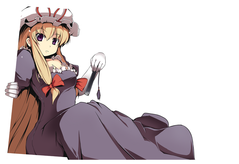 fujy, yakumo yukari, touhou, 1girl, blonde hair, bow, elbow gloves, female focus, folded fan, folding fan, gloves, hair bow, hand fan, hat, purple eyes, solo, white gloves