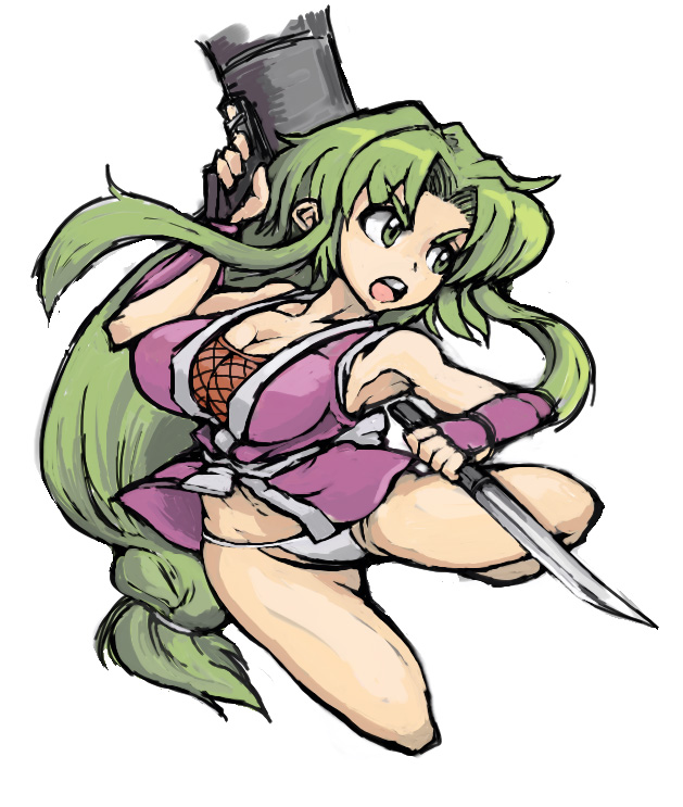 mugi no yae, teruki, yae (ganbare goemon), ganbare goemon, 1girl, armpits, breasts, cleavage, female focus, fundoshi, green hair, japanese clothes, large breasts, long hair, m1 bazooka, open mouth, panties, pantyshot, rocket launcher, solo, sword, underwear, weapon