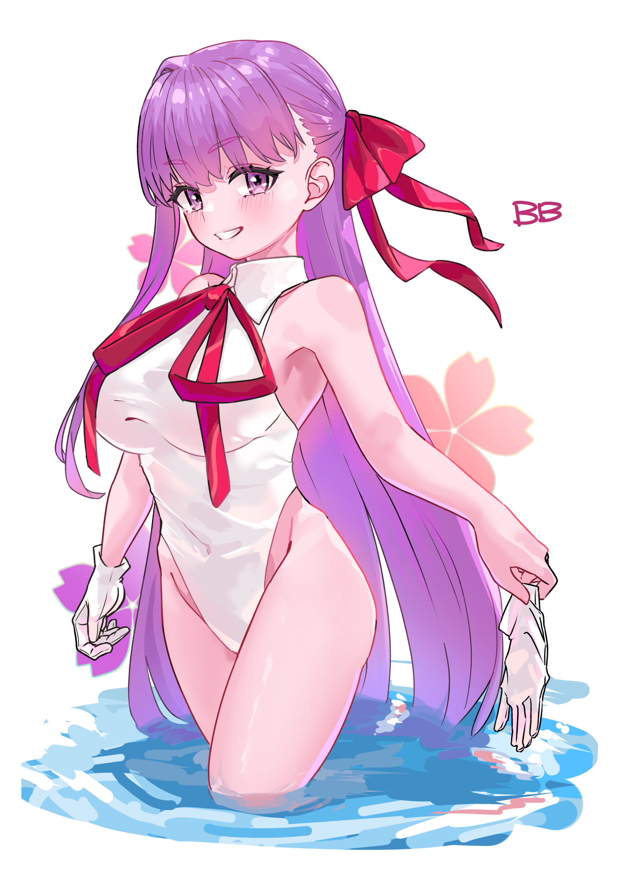 niwaikanai, bb (fate), bb (swimsuit mooncancer) (third ascension) (fate), fate/grand order, fate (series), absurdres, highres, 1girl, bare shoulders, blush, breasts, collared leotard, gloves, grin, highleg, highleg leotard, large breasts, leotard, long hair, looking at viewer, neck ribbon, purple eyes, purple hair, red ribbon, ribbon, smile, solo, white gloves, white leotard