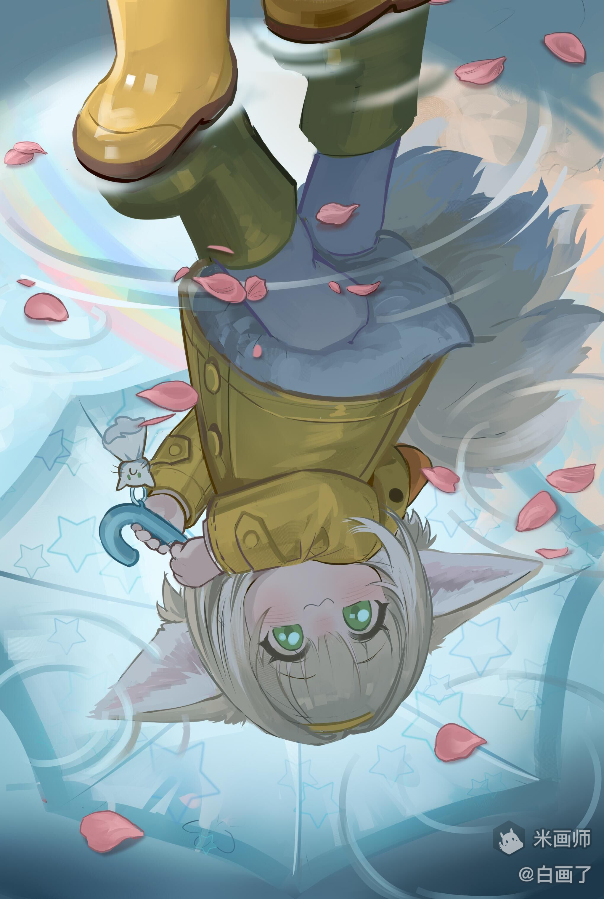 asamayuki ra, suzuran (arknights), arknights, absurdres, highres, 1girl, :3, animal ears, boots, charm (object), fox ears, fox girl, fox tail, green eyes, hairband, holding, holding umbrella, kitsune, kyuubi, looking at viewer, multiple tails, petals, raincoat, reflection, reflection focus, ripples, rubber boots, solo, star (symbol), tail, umbrella, yellow boots, yellow hairband, yellow raincoat