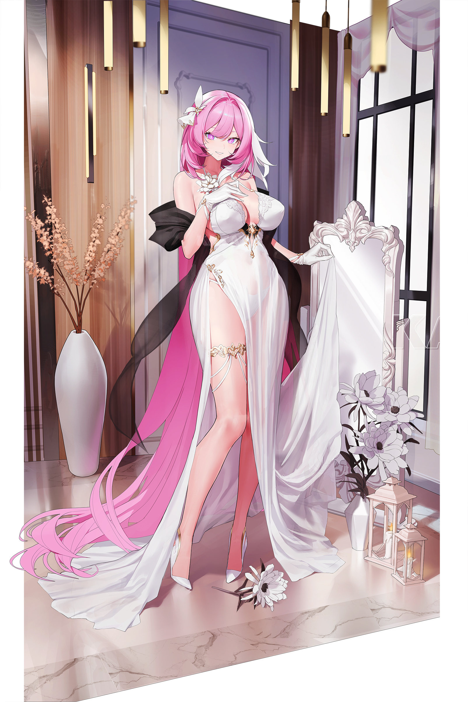 kan qianhuilan, elysia (herrscher of human: ego) (honkai impact), elysia (honkai impact), honkai (series), honkai impact 3rd, absurdres, highres, 1girl, alternate costume, bare shoulders, breasts, diamond-shaped pupils, diamond (shape), dress, evening gown, flower, gloves, hair ornament, high heels, large breasts, long hair, looking at viewer, multicolored hair, panties, pink hair, plant, potted plant, purple eyes, see-through clothes, see-through dress, smile, solo, symbol-shaped pupils, two-tone hair, underwear, very long hair, white dress, white flower, white gloves, white hair, white panties