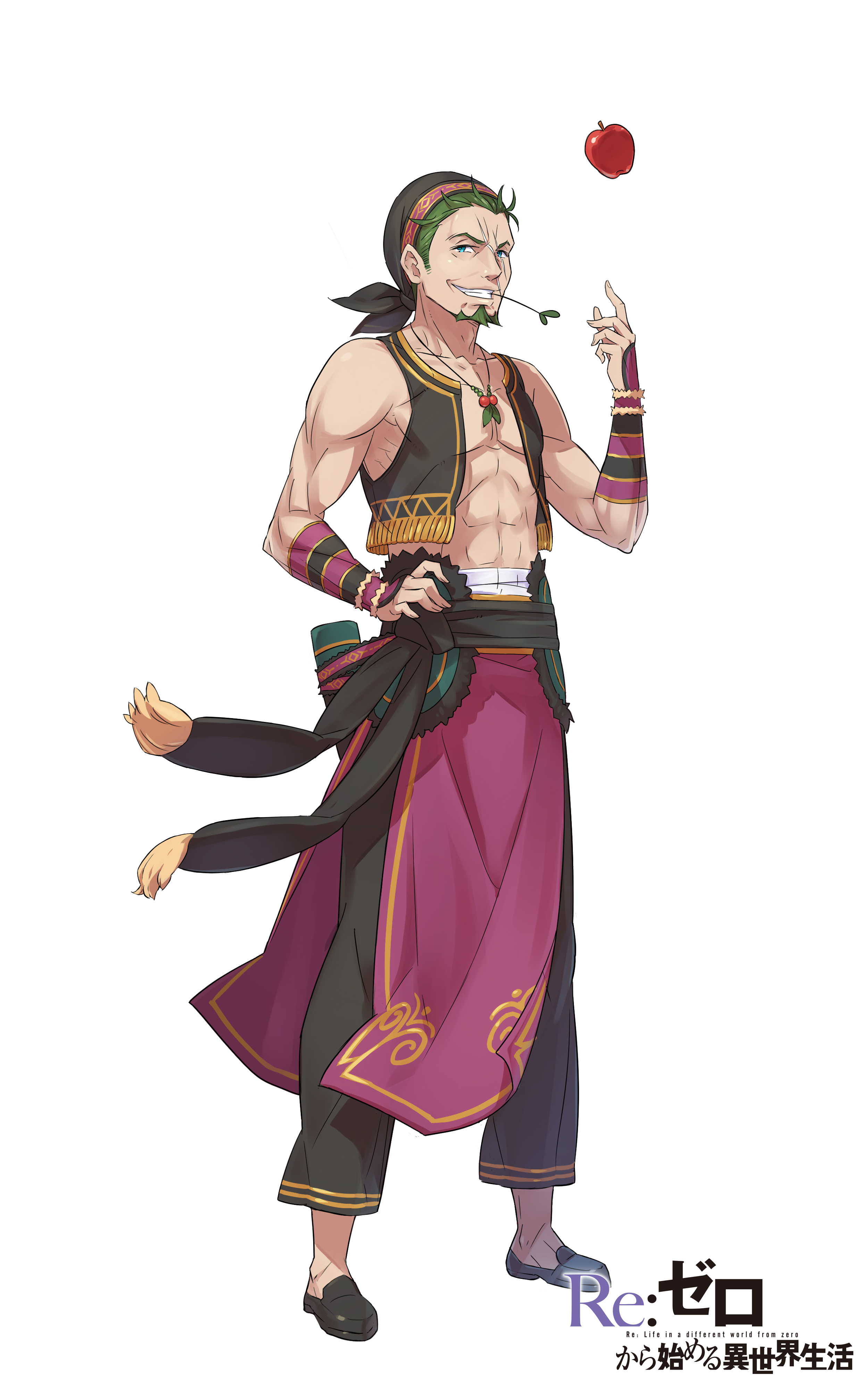 ootsuka shin'ichirou, kadomon risch, re:zero kara hajimeru isekai seikatsu, absurdres, commentary request, highres, official art, 1boy, abs, apple, armor, beard, black pants, black sash, black shoes, black vest, clenched teeth, collarbone, copyright name, cropped vest, dress shoes, english text, facial hair, food, fruit, full body, green facial hair, green hair, hand on own hip, hand up, huge pectorals, japanese armor, jewelry, kote, large pectorals, looking at viewer, mature male, mouth hold, muscular, muscular male, necklace, open clothes, open vest, pants, pectorals, pelvic curtain, sash, shoes, short hair, simple background, smile, solo, stalk in mouth, standing, tachi-e, teeth, title, vest, white background