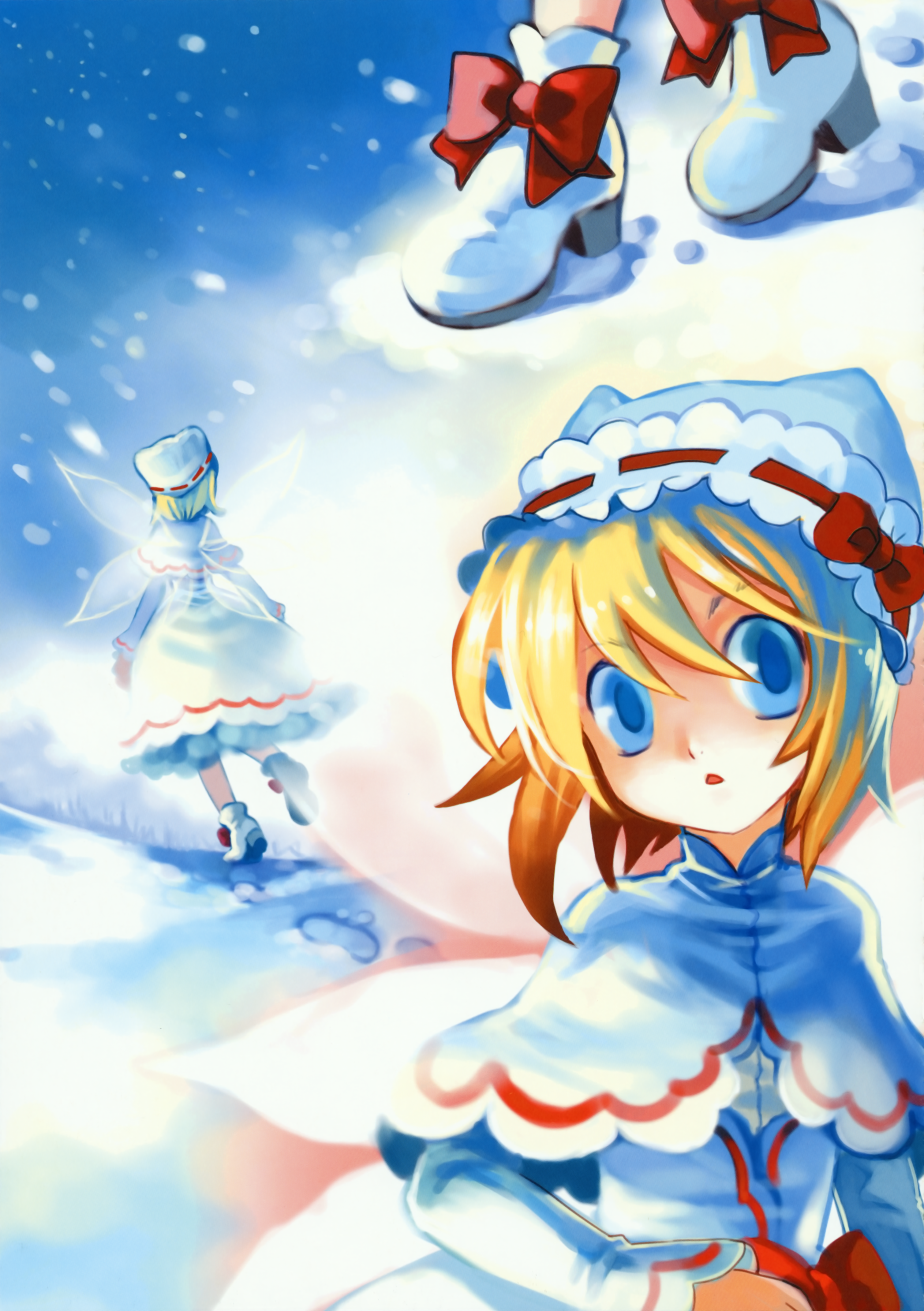 cat.lqe, catlqe, hakoiri nekohime, lily white, touhou, absurdres, highres, 1girl, blonde hair, blue eyes, female focus, hat, short hair, snow, solo, wings