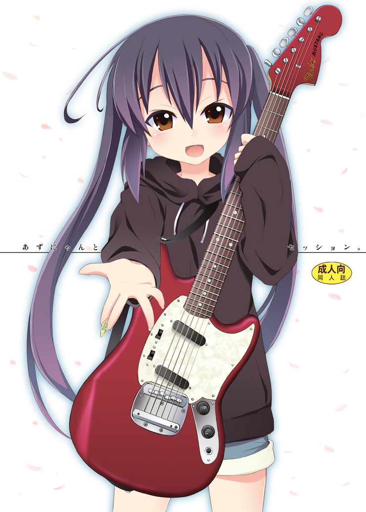 kishiri toworu, miyao ryuu, nakano azusa, k-on!, 00s, 1girl, black hair, brown eyes, female focus, guitar, hood, hoodie, instrument, long hair, mustang (guitar), shorts, solo, sweater, twintails