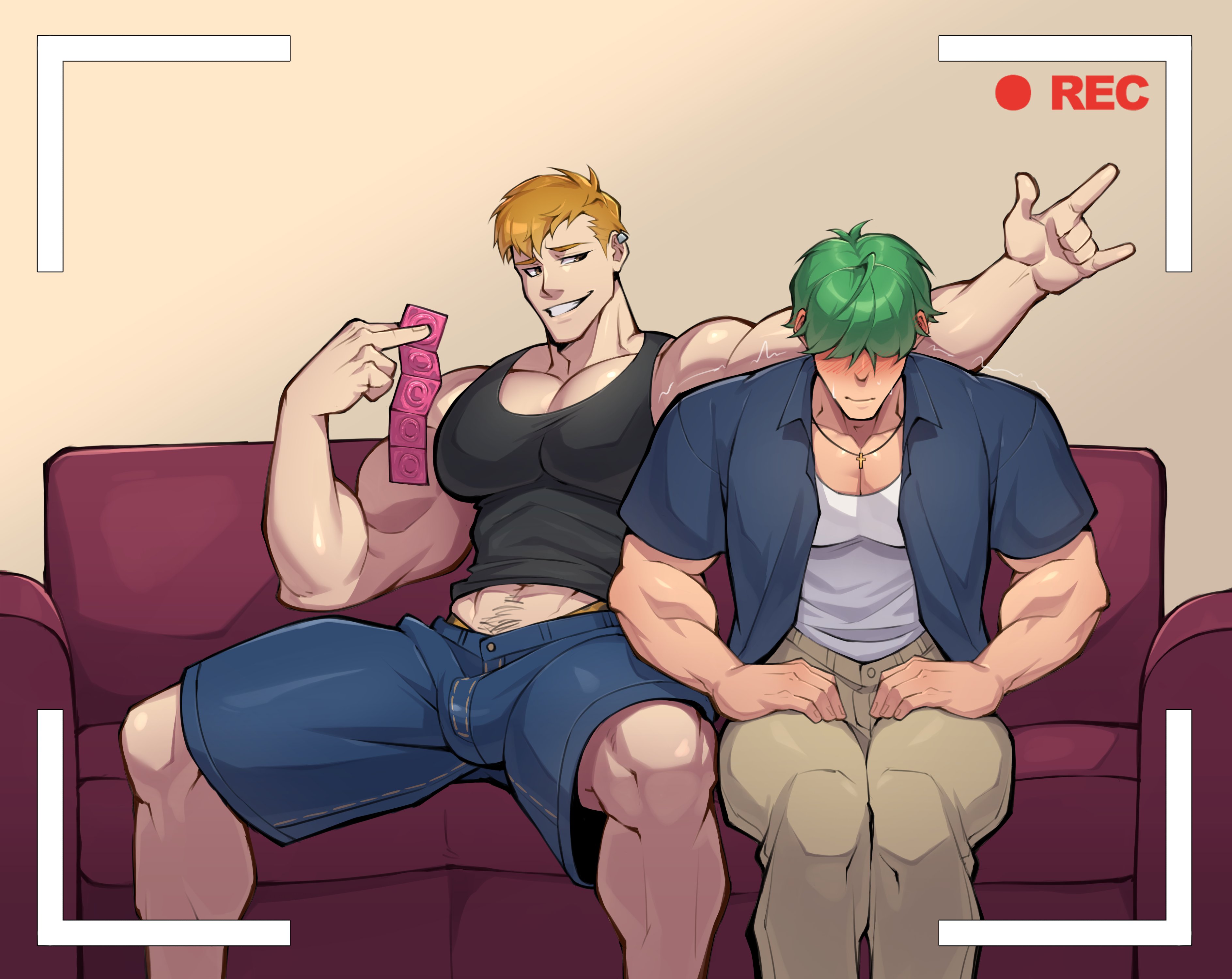 muto20002, linus (fire emblem), lowen (fire emblem), fire emblem, fire emblem: the blazing blade, nintendo, absurdres, commentary, commission, highres, 2boys, m/, bara, black tank top, blush, brown eyes, brown hair, condom, condom packet strip, condom wrapper, couch, green hair, hair over eyes, holding, holding condom, large pectorals, male focus, multiple boys, muscular, muscular male, navel hair, on couch, pectoral cleavage, pectorals, recording, short hair, shy, sitting, tank top, yaoi