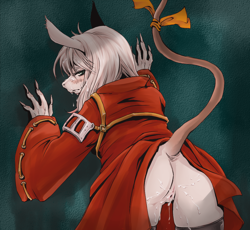 kemuri-kiyoshi, freya crescent, final fantasy, final fantasy ix, silver hair, 00s, 1girl, aftersex, against wall, animal ears, ass, bent over, black thighhighs, blue eyes, blush, bukkake, burmecian, clothes lift, cum, cum on ass, cum on body, cum on lower body, cum on pussy, cumdrip, dress, dress lift, facial, female focus, fingernails, from behind, furry, furry female, jacket, long hair, looking back, mouse ears, mouse tail, no headwear, no panties, presenting, pussy, red jacket, ribbon, sharp fingernails, skindentation, solo, tail, tail ornament, tail ribbon, thighhighs, uncensored, wide sleeves