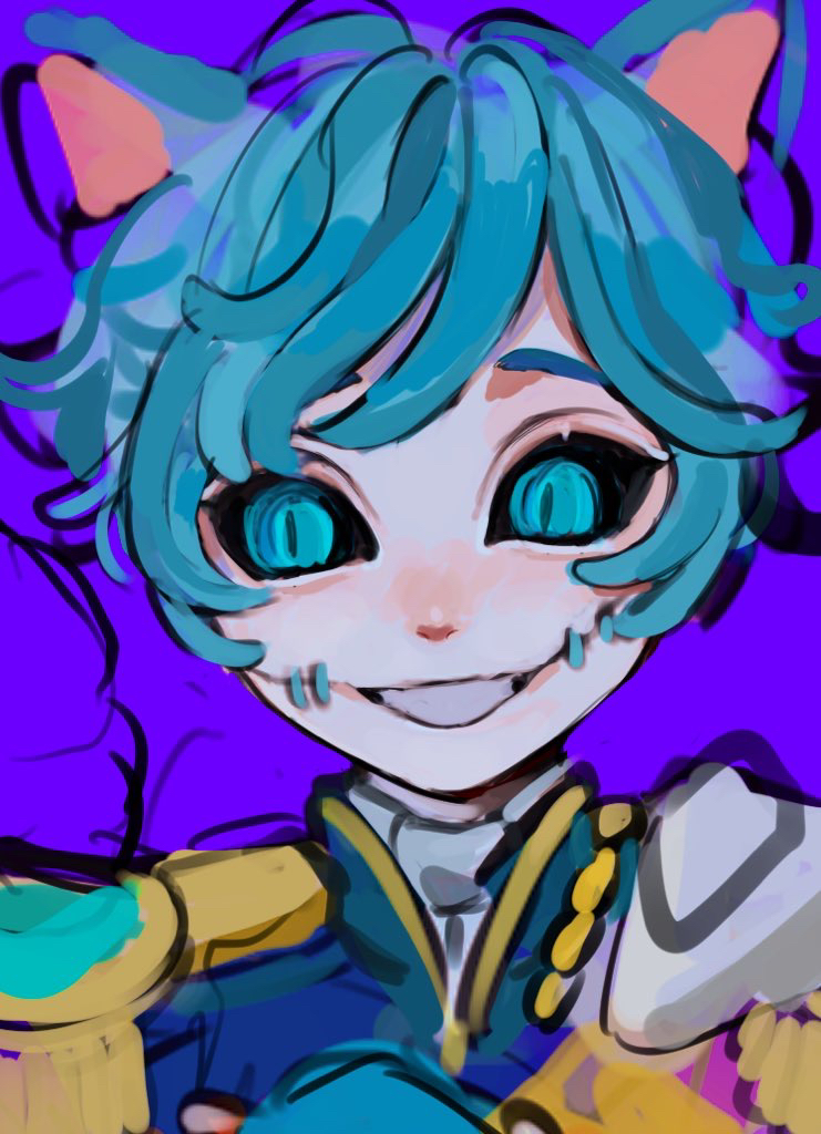 hoge (n8sss), naib subedar, naib subedar (cheshire cat), identity v, 1boy, animal ears, black sclera, blue eyes, blue hair, cat ears, colored sclera, grin, looking to the side, male focus, official alternate costume, portrait, purple background, raised eyebrows, slit pupils, smile, solo, stitched mouth, stitches
