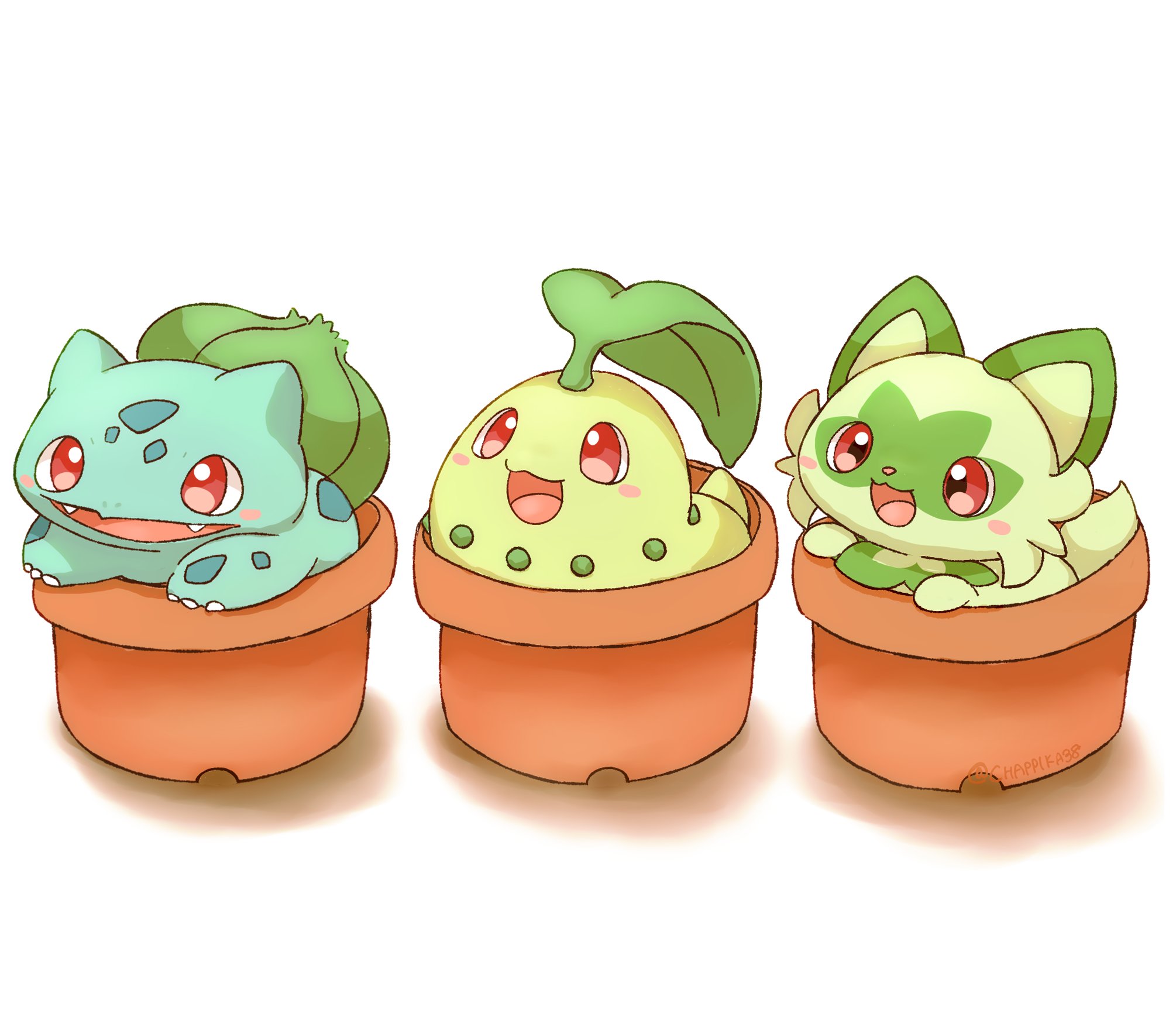 mimix, bulbasaur, chikorita, sprigatito, nintendo, pokemon, highres, animal focus, blush, blush stickers, cat, flower pot, gen 1 pokemon, gen 2 pokemon, green fur, leaf, no humans, open mouth, plant, pokemon (creature), pokemon focus, red eyes, simple background, smile