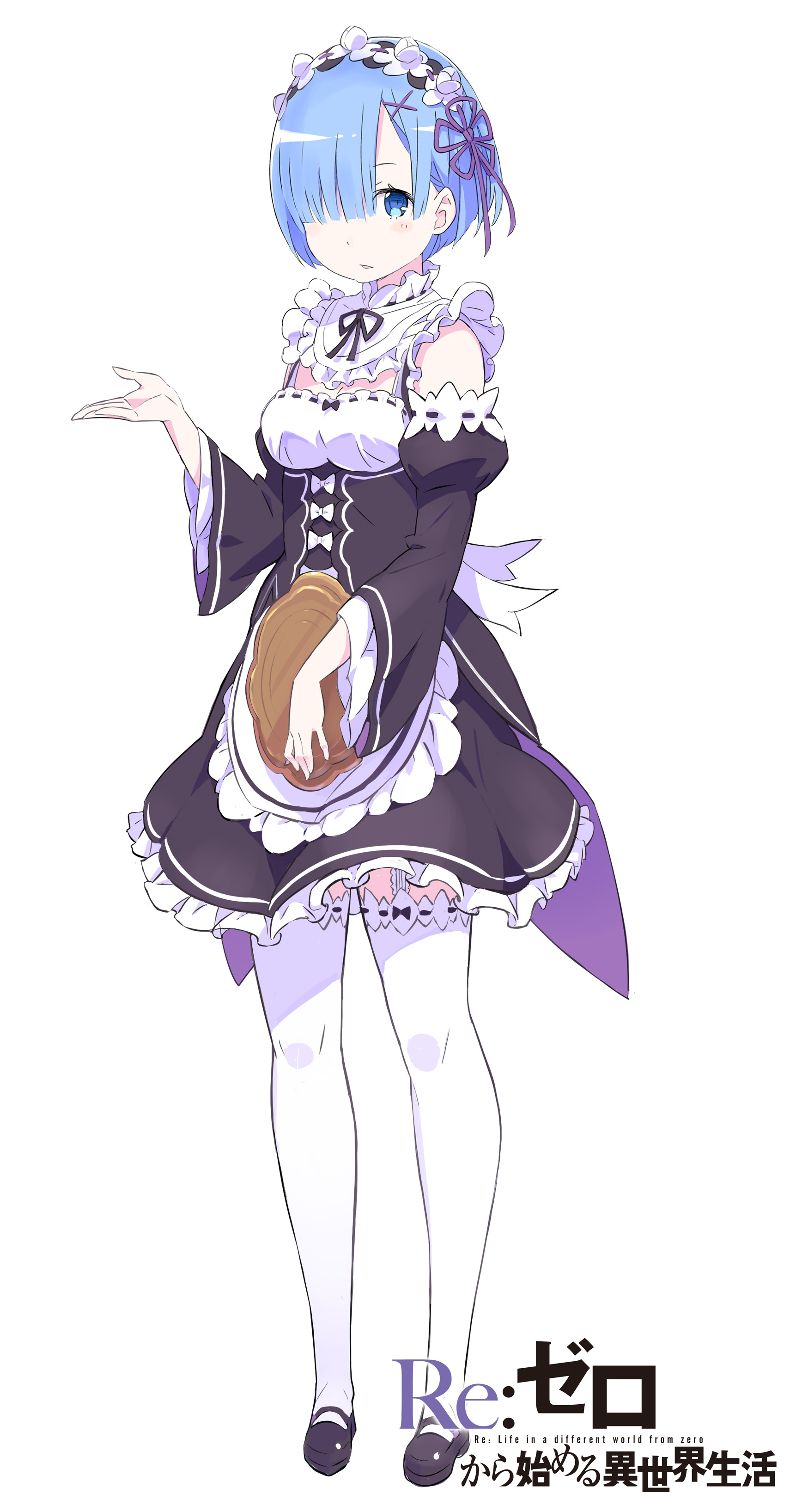 ootsuka shin'ichirou, rem (re:zero), re:zero kara hajimeru isekai seikatsu, absurdres, commentary request, highres, official art, 1girl, apron, bare shoulders, black dress, black ribbon, black shoes, blue eyes, blue hair, blush, bow, breasts, cleavage, collar, copyright name, detached collar, detached sleeves, dress, english text, frilled apron, frills, full body, hair ornament, hair over one eye, hair ribbon, hand up, holding, holding tray, looking at viewer, maid, maid apron, maid headdress, mary janes, medium breasts, open hand, parted lips, puffy sleeves, purple ribbon, ribbon, ribbon-trimmed clothes, ribbon trim, roswaal mansion maid uniform, shoes, short dress, short hair, simple background, sleeveless, sleeveless dress, solo, standing, tachi-e, tareme, thighhighs, title, tray, waist apron, white apron, white background, white bow, white collar, white thighhighs, x hair ornament