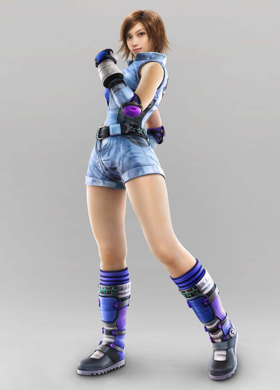 kazama asuka, namco, tekken, highres, official art, 1girl, 3d, bare shoulders, belt, boots, brown eyes, brown hair, elbow pads, female focus, fingerless gloves, full body, gloves, looking at viewer, romper, short hair, sleeveless, smile, socks, solo, standing, star (symbol), star print, striped clothes, striped socks
