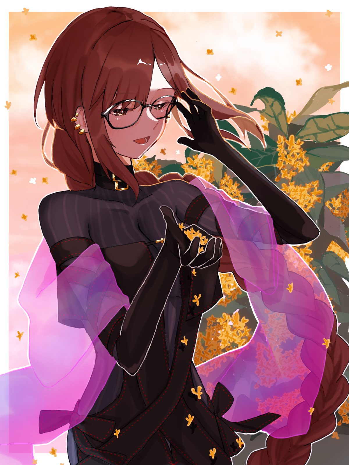 t maguo, yu mei-ren (fate), yu mei-ren (first ascension) (fate), fate/grand order, fate (series), commentary request, highres, mixed-language commentary, 1girl, black-framed eyewear, black gloves, blush, border, braid, brown eyes, brown hair, ear piercing, elbow gloves, floating hair, flower, glasses, gloves, half-closed eyes, long hair, open mouth, outside border, piercing, smile, solo, very long hair, white border, yellow flower