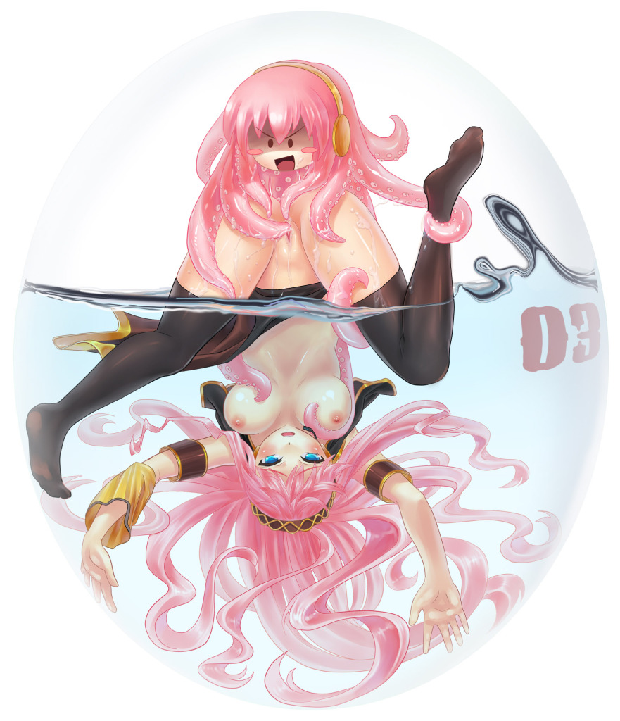 megurine luka, takoluka, vocaloid, asphyxiation, blue eyes, blush, breasts, drowning, evil smile, headphones, nipples, pink hair, pussy, smile, tentacles, thighhighs, underwater, upside-down, water