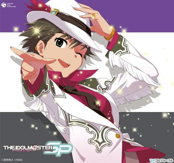 kikuchi makoto, idolmaster, idolmaster (classic), jpeg artifacts, 00s, 1girl, brown hair, fedora, female focus, hat, necktie, one eye closed, short hair, solo