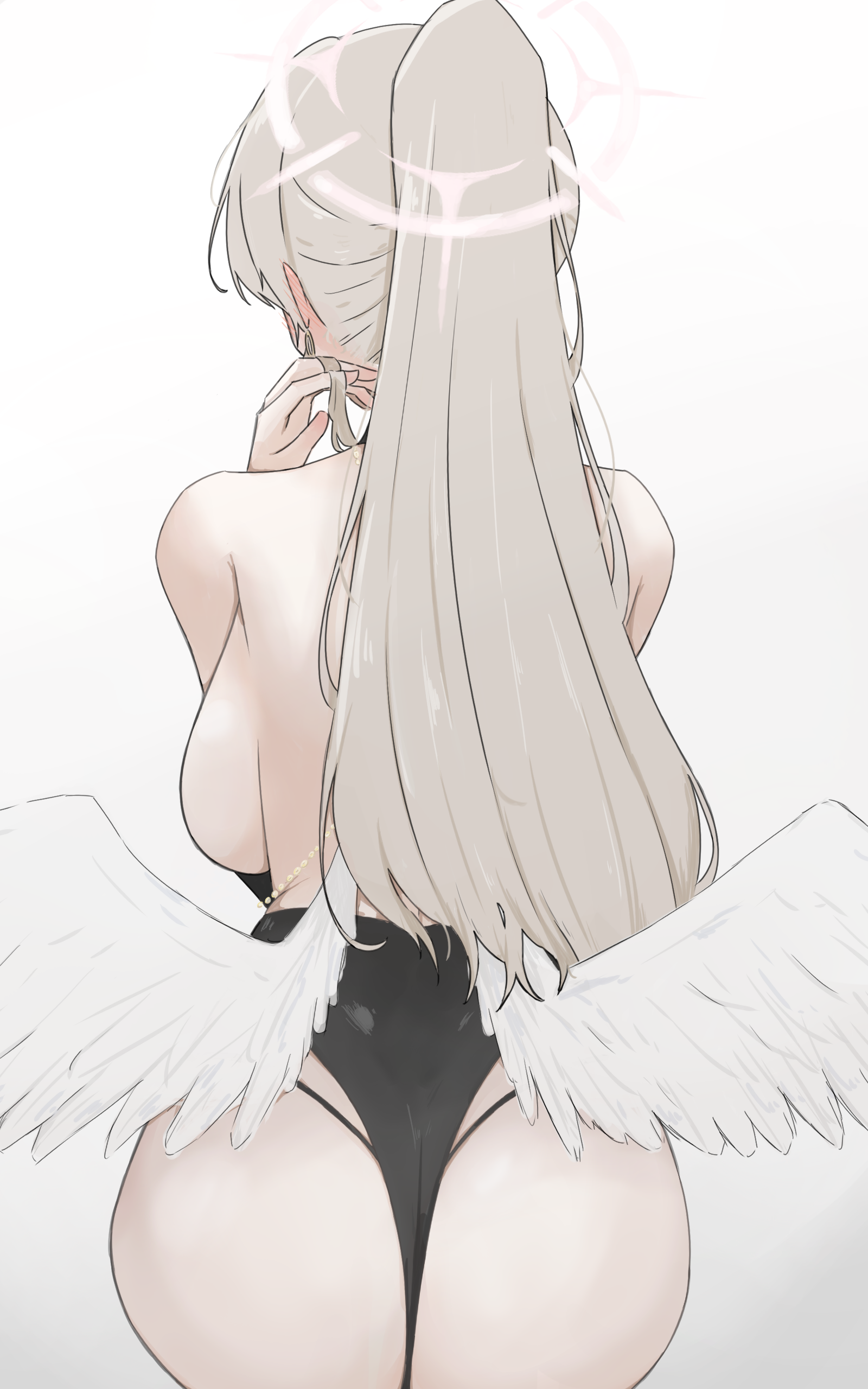 nagisa (blue archive), nagisa (swimsuit) (blue archive), blue archive, absurdres, highres, 1girl, angel wings, ass, black one-piece swimsuit, feathered wings, from behind, halo, low wings, official alternate hairstyle, one-piece swimsuit, pink halo, simple background, solo, swimsuit, user gjsc2754, white background, white wings, wings