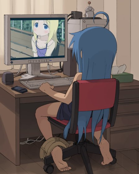 go robots, ana coppola, izumi konata, ichigo mashimaro, lucky star, 00s, antenna hair, barefoot, blue hair, computer, computer keyboard, feet, from behind, loli, long hair, masturbation, pants around one leg, soles, tissue, tissue box, toes