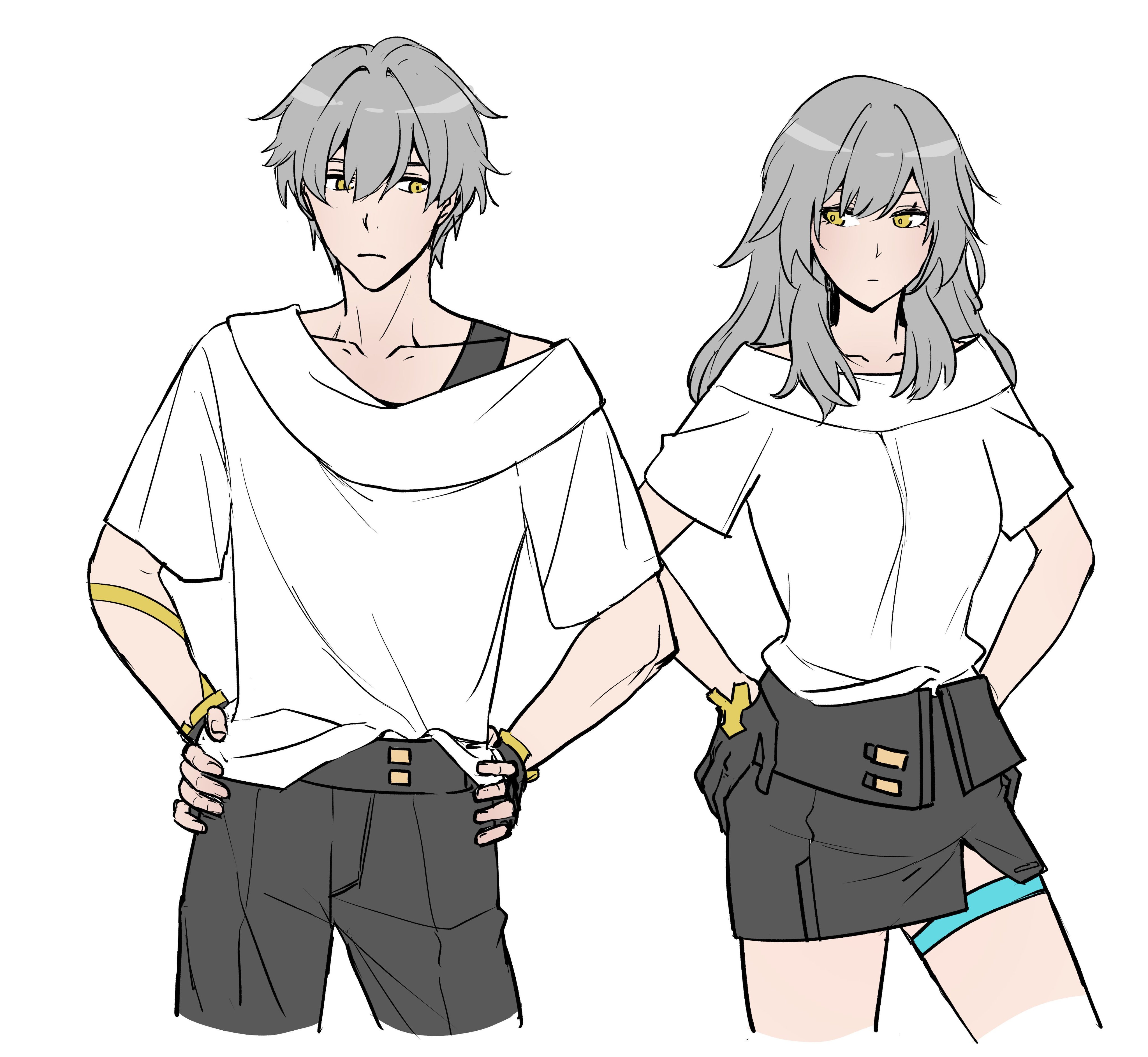 trap (trap 2023), caelus (honkai: star rail), stelle (honkai: star rail), trailblazer (honkai: star rail), honkai: star rail, honkai (series), absurdres, commentary, english commentary, highres, 1boy, 1girl, arm ribbon, black gloves, black pants, black skirt, breasts, closed mouth, collarbone, cowboy shot, dual persona, fingerless gloves, gloves, grey hair, hair between eyes, hands on own hips, long hair, looking at another, medium breasts, miniskirt, pants, ribbon, shirt, short hair, short sleeves, sidelocks, simple background, skirt, standing, t-shirt, thigh strap, white background, white shirt, yellow eyes