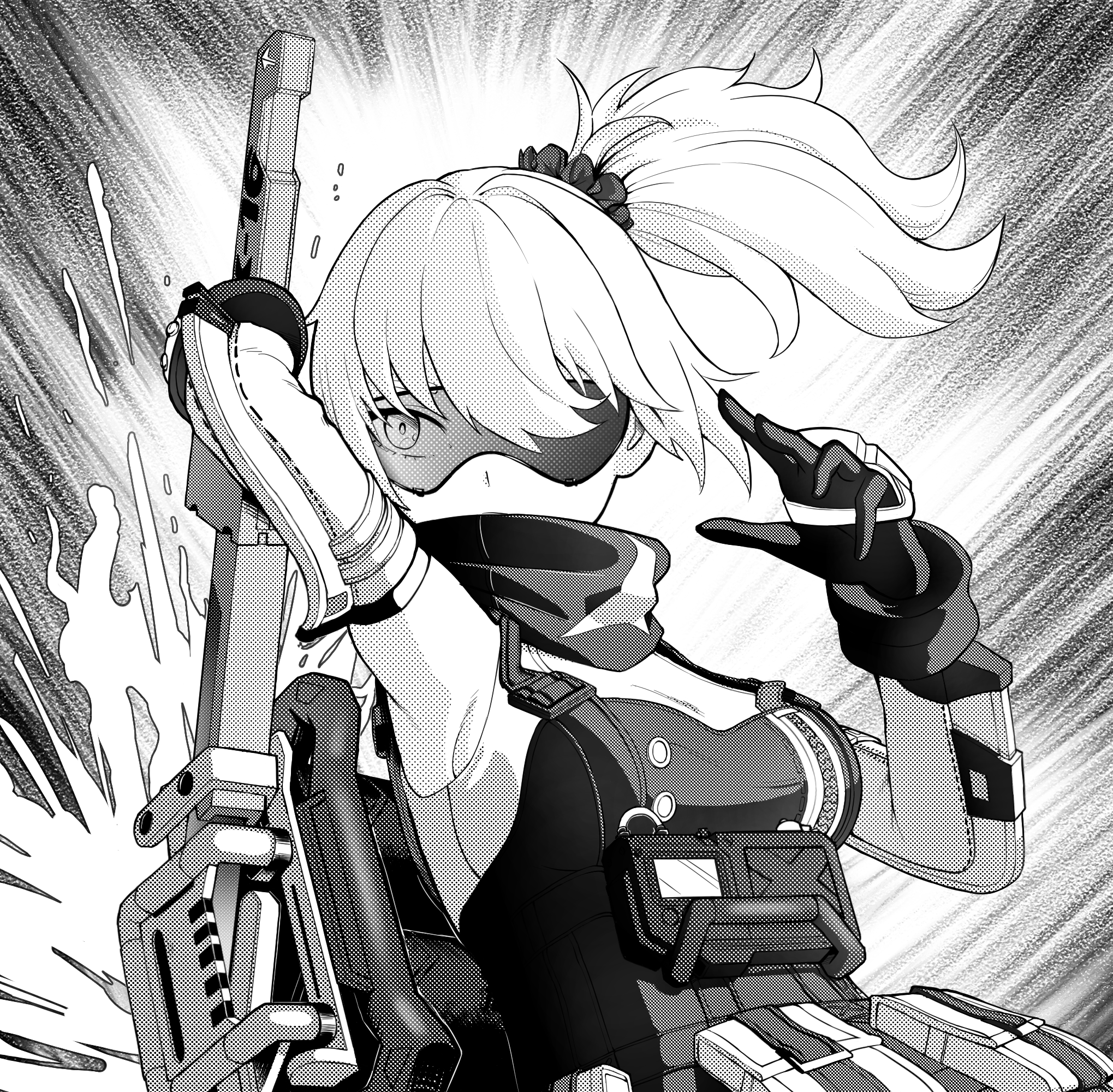 soldier 11 (zenless zone zero), zenless zone zero, commentary, english commentary, highres, 1girl, alb1no18, ammunition pouch, arm up, armpits, backpack, bag, bandana, bandana around neck, black gloves, breasts, covered mouth, detached sleeves, gloves, goggles, greyscale, hair over one eye, hand up, holding, holding behind back, holding sword, holding weapon, holding weapon behind back, large breasts, looking to the side, monochrome, ponytail, pouch, sideboob cutout, sleeveless, sleeveless jacket, solo, sword, tinted eyewear, upper body, weapon, white hair, white sleeves