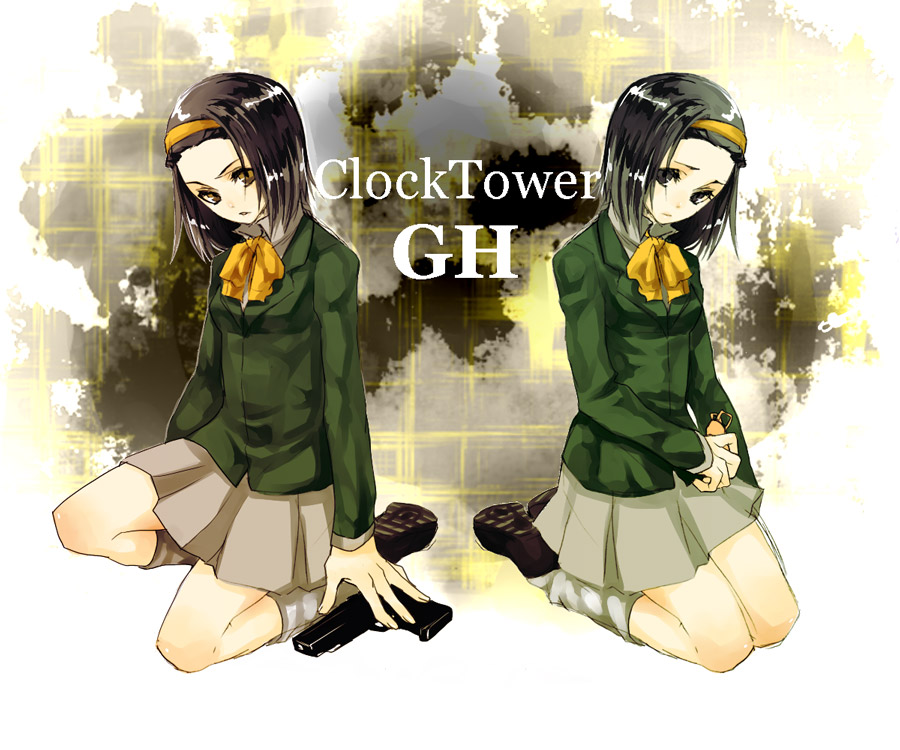 zakki, midoushima yuu, shou (clock tower), clock tower (series), clock tower ghost head, bad id, bad pixiv id, 2girls, amulet, black eyes, black hair, blazer, bow, bowtie, breasts, clock, clock tower, collared shirt, copyright name, dual persona, gun, hairband, handgun, head tilt, holding, jacket, kneehighs, loafers, long sleeves, looking at viewer, loose socks, multiple girls, parted lips, pistol, pleated skirt, school uniform, seiza, shirt, shoes, short hair, sitting, skirt, small breasts, socks, tower, weapon, yellow eyes