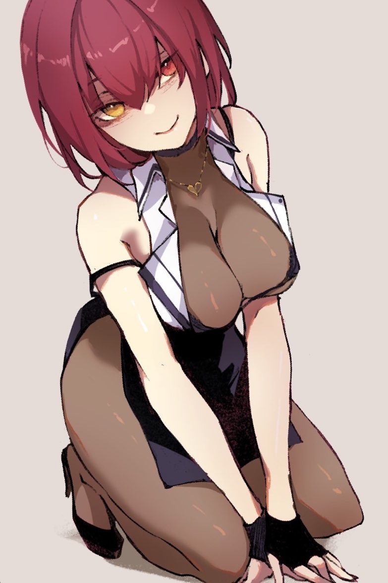 houshou marine, houshou marine (businesswoman), hololive, hashtag-only commentary, 1girl, black gloves, black shoes, bodystocking, breasts, brown bodystocking, cassycatkoie, cleavage, closed mouth, double-parted bangs, fingerless gloves, full body, gloves, hair between eyes, heart, heart necklace, heterochromia, high heels, jewelry, kneeling, large breasts, looking at viewer, necklace, official alternate costume, red eyes, red hair, see-through cleavage, see-through clothes, shirt, shoes, short hair, simple background, sleeveless, sleeveless shirt, smile, solo, v arms, virtual youtuber, white shirt, yellow eyes