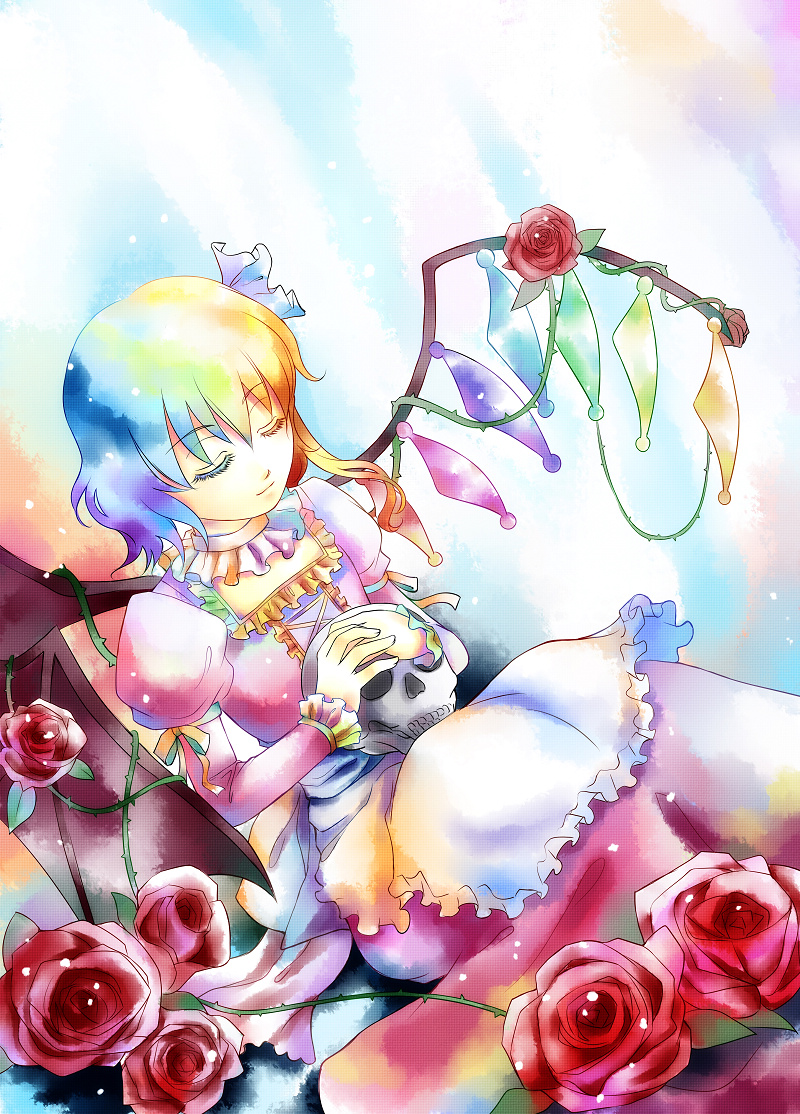 kannagara kanagi, flandre scarlet, remilia scarlet, touhou, bad id, bad pixiv id, 1girl, female focus, flower, hair between eyes, plant, sitting, skull, solo, wings