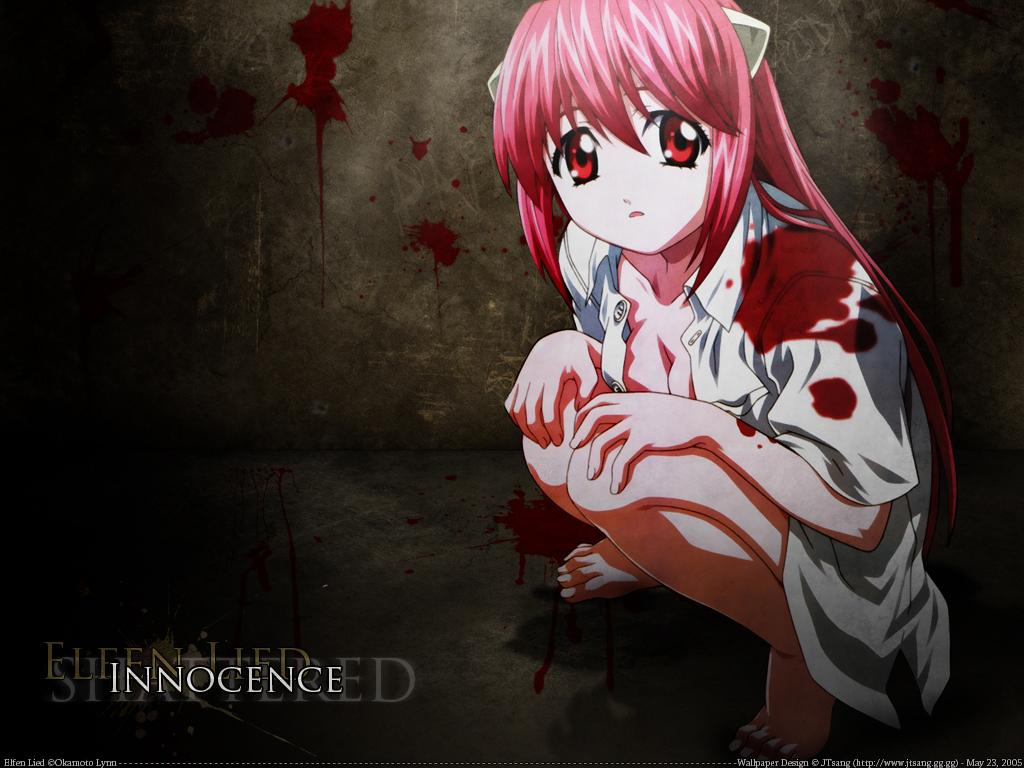 kaede (character), lucy (elfen lied), elfen lied, 00s, barefoot, blood, blood splatter, horns, monster girl, open clothes, open shirt, pink eyes, pink hair, shirt, squatting