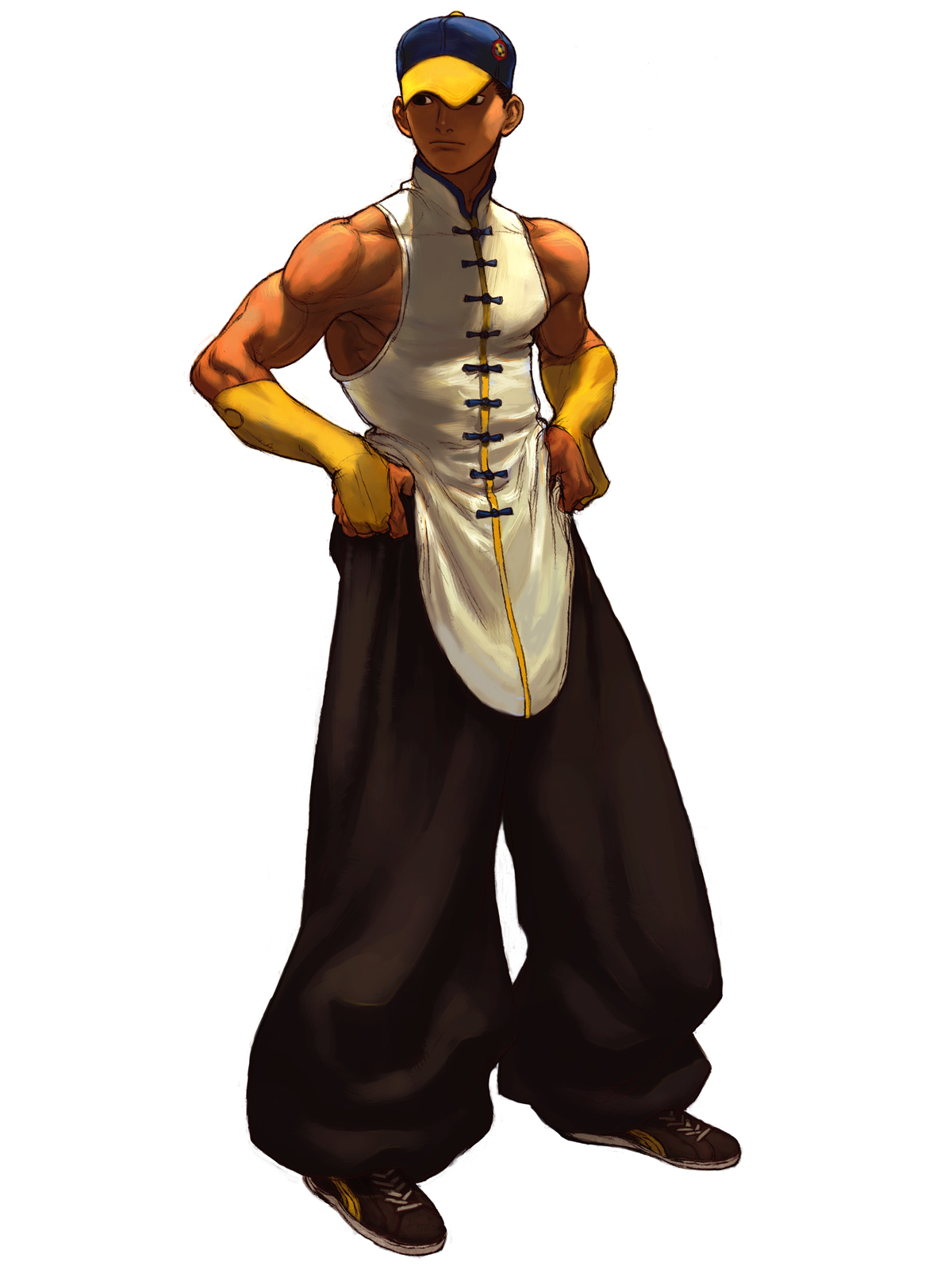 ikeno daigo, yun lee, capcom, street fighter, street fighter iii (series), highres, official art, 1boy, baggy pants, hat, male focus, pants, simple background, solo