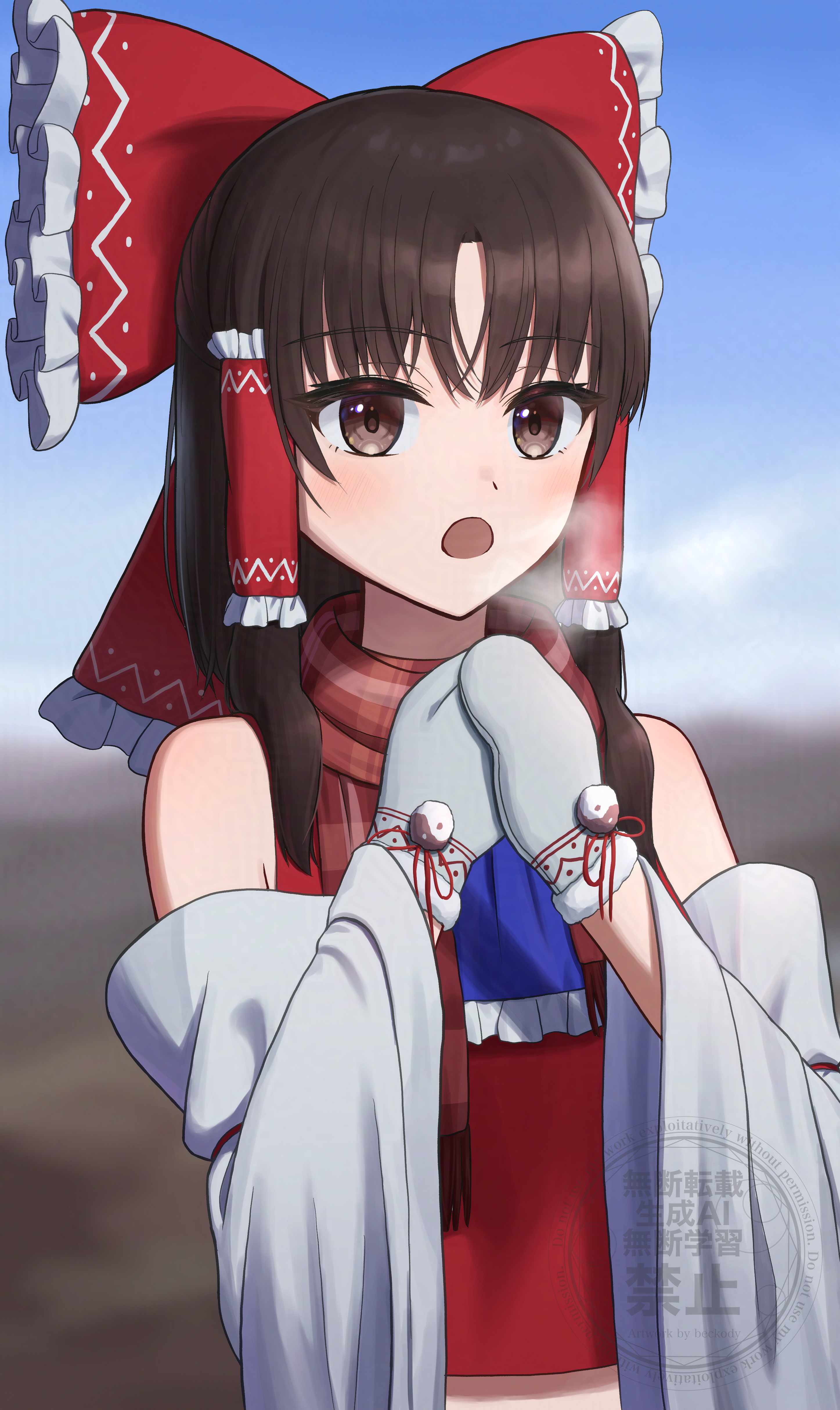 beckody, hakurei reimu, touhou, absurdres, commentary request, highres, 1girl, ascot, blue ascot, blue sky, bow, breath, brown eyes, brown hair, day, detached sleeves, frilled bow, frilled hair tubes, frills, grey mittens, hair bow, hair tubes, long hair, mittens, open mouth, plaid clothes, plaid scarf, red bow, red scarf, scarf, sky, solo, watermark, winter clothes
