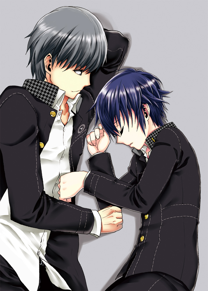 midou shin, narukami yu, shirogane naoto, atlus, persona, persona 4, 1boy, 1girl, androgynous, blue hair, couple, hetero, reverse trap, school uniform, short hair, simple background, sleeping