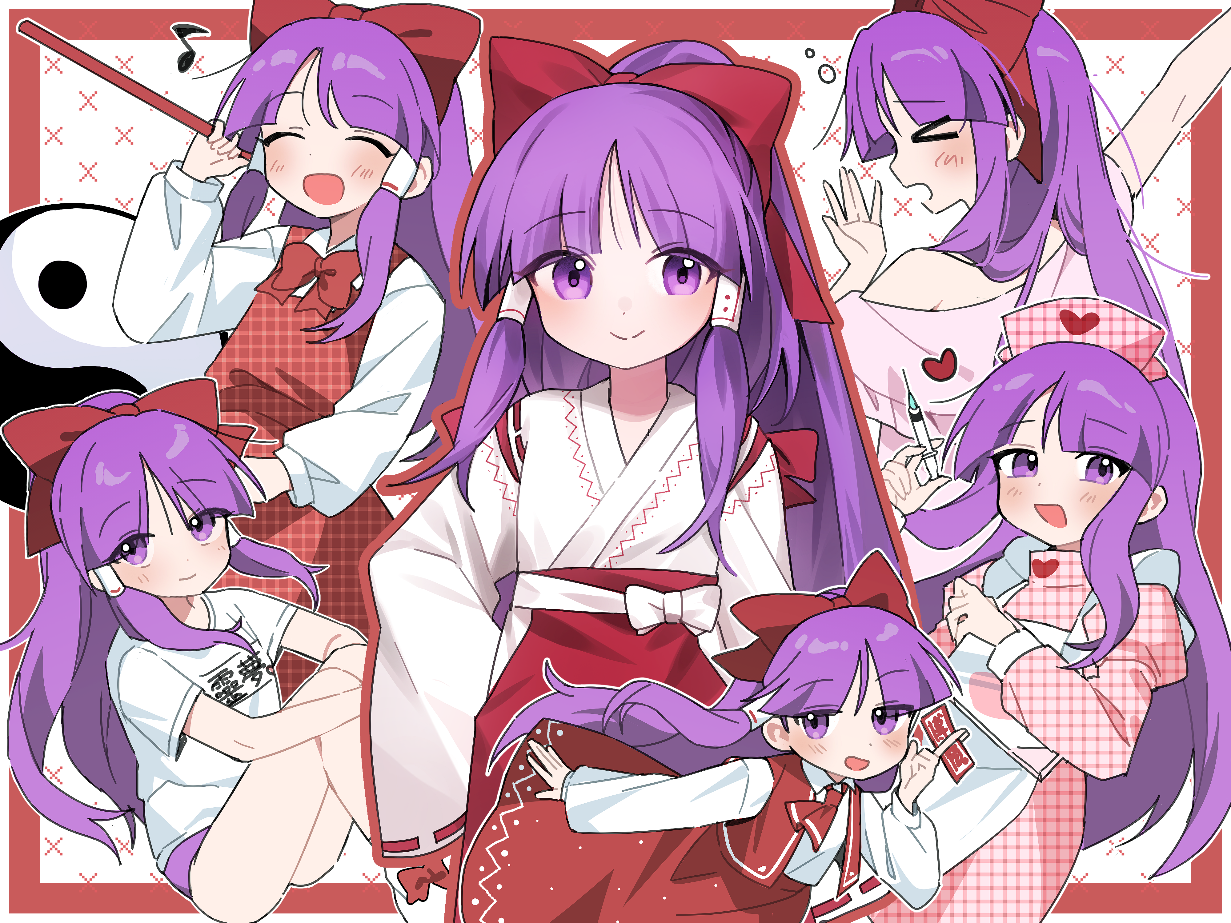 soooooook2, hakurei reimu, hakurei reimu (pc-98), lotus land story, touhou, touhou (pc-98), absurdres, commentary, highres, > <, 1girl, alternate costume, between fingers, blush, bow, bowtie, buruma, closed eyes, closed mouth, collared shirt, cosplay, dress, gohei, gym shirt, gym shorts, gym uniform, hair bow, hair tubes, hakama, hakama pants, hat, hayazaka nozomi, hayazaka nozomi (cosplay), heart, heart print, holding, holding gohei, holding syringe, japanese clothes, kimono, long hair, long sleeves, looking at viewer, miko, multiple views, nontraditional miko, nurse, nurse cap, official alternate costume, ofuda, ofuda between fingers, open mouth, orb, pants, pink hat, pink shirt, plaid clothes, plaid dress, print hat, purple eyes, purple hair, red bow, red bowtie, red hakama, ribbon, ribbon-trimmed clothes, ribbon-trimmed sleeves, ribbon trim, rup salad, rupupu cube, rupupu cube (cosplay), shirt, short sleeves, shorts, skirt, smile, syringe, teke teke my heart, turtle, very long hair, white shirt, wide sleeves, yawning, yin yang, yin yang orb, yoshizawa yumimi, yoshizawa yumimi (cosplay), yumimi mix