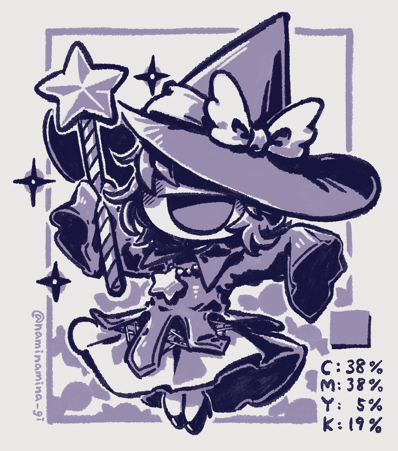 nanami (13mimi), neichel (kirby), kirby's adventure, kirby (series), nintendo, highres, 1girl, alternate costume, covered eyes, full body, hat, open mouth, purple theme, sleeves past fingers, sleeves past wrists, smile, solo, star (symbol), star rod, twitter username, witch hat