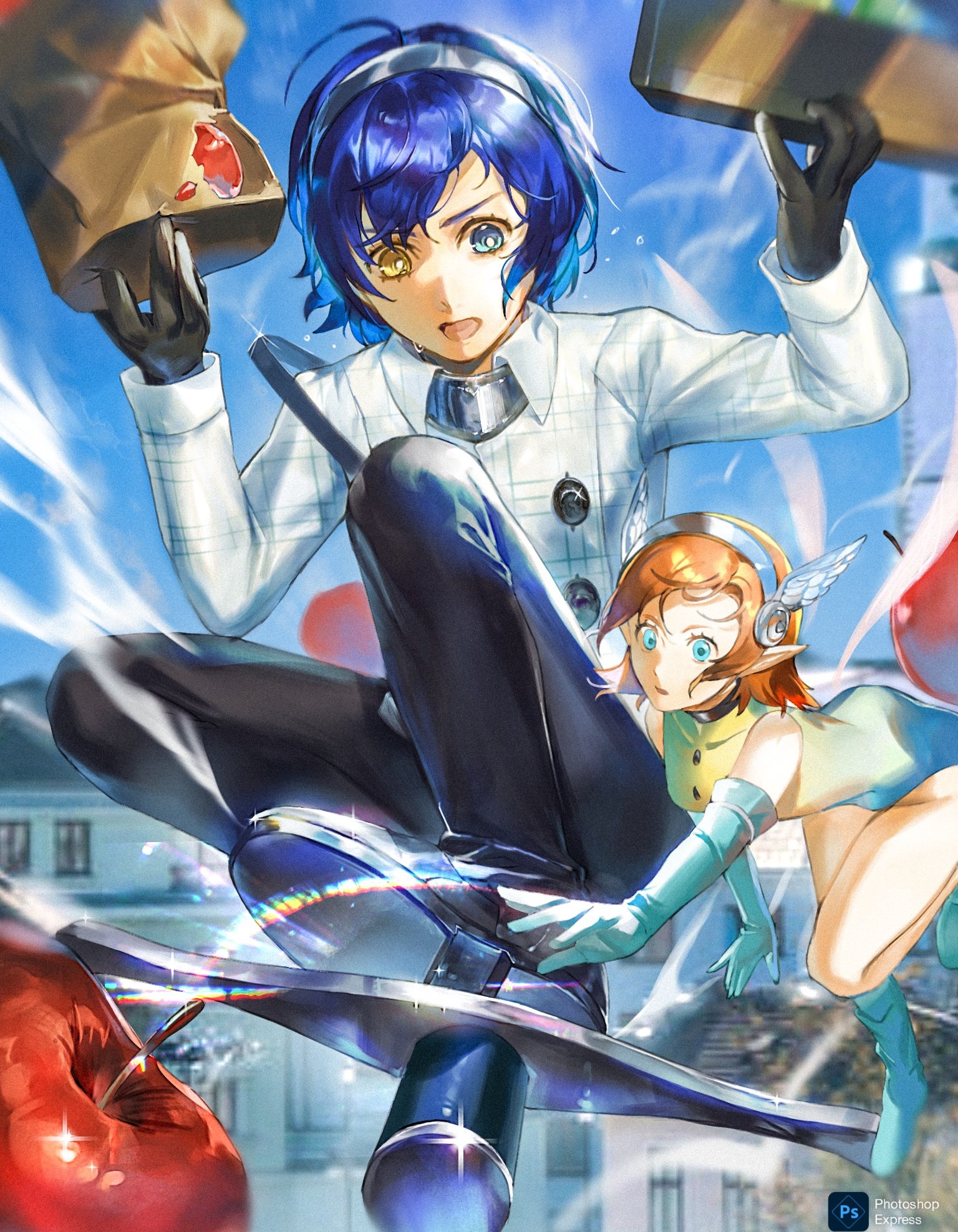 pkkoje98bo88835, gallica (metaphor: refantazio), protagonist (metaphor: refantazio), adobe photoshop, metaphor: refantazio, commentary, highres, 1boy, 1girl, apple, black gloves, black pants, blue eyes, buttons, elbow gloves, fairy, fairy wings, food, fruit, gloves, grey hairband, hairband, heterochromia, jacket, leotard, long sleeves, mini person, minigirl, orange hair, outdoors, pants, pointy ears, size difference, smile, sweat, white jacket, wings, yellow eyes