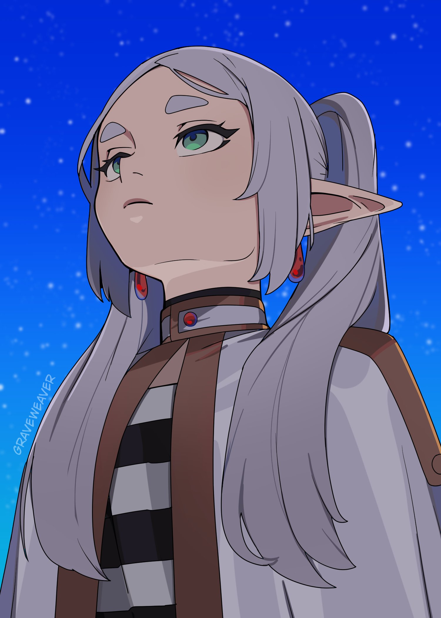graveweaver, frieren, sousou no frieren, commentary, english commentary, highres, 1girl, artist name, blue sky, capelet, earrings, elf, expressionless, gold trim, green eyes, grey hair, hair over shoulder, head back, jewelry, long pointy ears, looking up, meme, parted bangs, pointy ears, shirt, sky, solo, star (sky), starry sky, striped clothes, striped shirt, teardrop earrings, thick eyebrows, twintails, upper body, upward angle frieren drawing (meme), white capelet