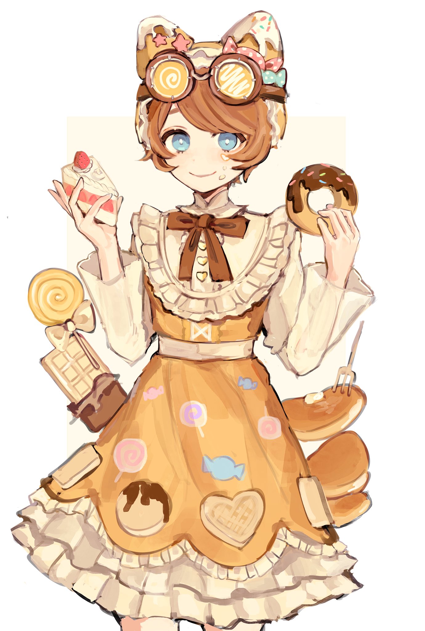 hoge (n8sss), tracy reznik, tracy reznik (candy girl), identity v, commentary, highres, symbol-only commentary, 1girl, animal ear hairband, animal ears, bow, bowtie, brown bow, brown bowtie, cake, cake slice, candy, cat ear hairband, cat ears, chocolate, cowboy shot, donut, dress, eating, fake animal ears, food, food on face, frilled dress, frilled shirt collar, frills, goggles, goggles on head, hairband, holding, holding food, lolita fashion, lollipop, looking at viewer, official alternate costume, orange dress, orange hair, pancake, pancake stack, print dress, shirt, short hair, side part, smile, solo, sweet lolita, swirl lollipop, white chocolate, white shirt, wide sleeves