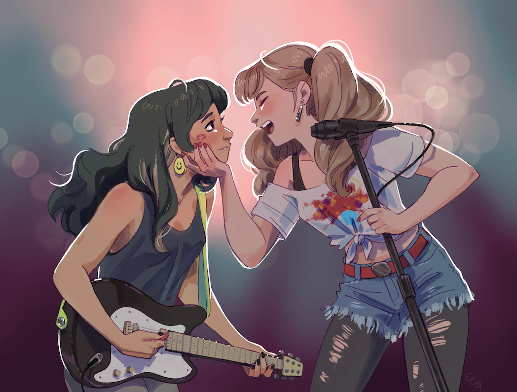 vasira96, original, commission, 2girls, backlighting, band (music), black hair, black tank top, blonde hair, blurry, blush, bokeh, closed eyes, concert, crop top, denim, denim shorts, depth of field, electric guitar, grabbing another's chin, guitar, hand on another's chin, holding, holding microphone stand, instrument, leggings, lipstick mark, long hair, looking at another, microphone stand, multiple girls, music, off-shoulder shirt, off shoulder, playing guitar, playing instrument, shirt, shorts, singing, smiley face earrings, stage, tank top, tied shirt, toned, toned female, torn clothes, torn leggings, twintails, yuri, zipper earrings