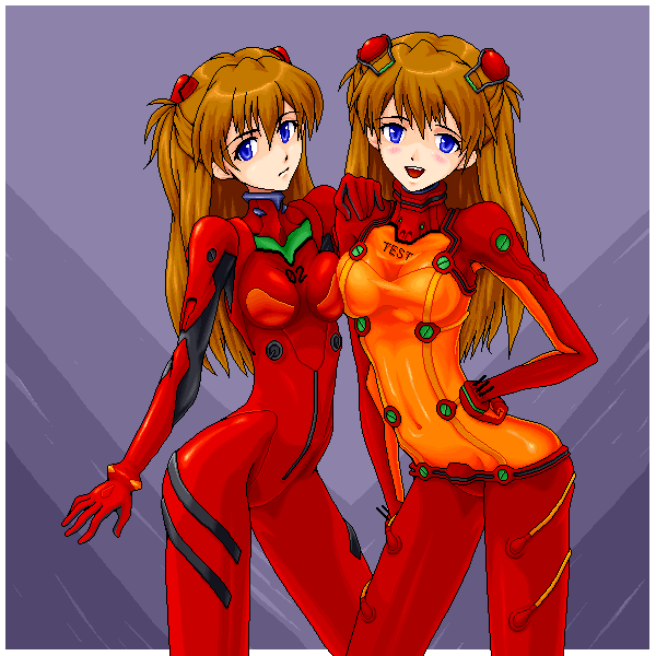 yuuki (silent moon), souryuu asuka langley, evangelion: 2.0 you can (not) advance, neon genesis evangelion, rebuild of evangelion, 00s, 2girls, :d, asymmetrical docking, blue eyes, blush, bodysuit, bracer, breast press, breasts, brown hair, cleavage, contrapposto, covered navel, cowboy shot, dual persona, english text, expressionless, gloves, gradient background, grey background, hair between eyes, hair ornament, hairpods, half updo, hand on another's shoulder, hand on own hip, interface headset (evangelion), leaning forward, legs apart, long hair, looking at viewer, mecha pilot suit, multiple girls, oekaki, open mouth, plugsuit (evangelion), see-through cleavage, see-through clothes, skinny, smile, standing, test plugsuit (evangelion), time paradox, turtleneck